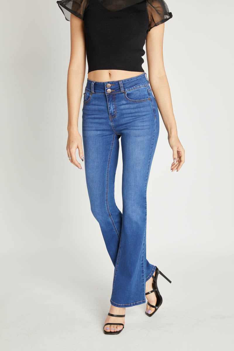 High Rise 2-Button Wide Waist Banded Classic Bootcut