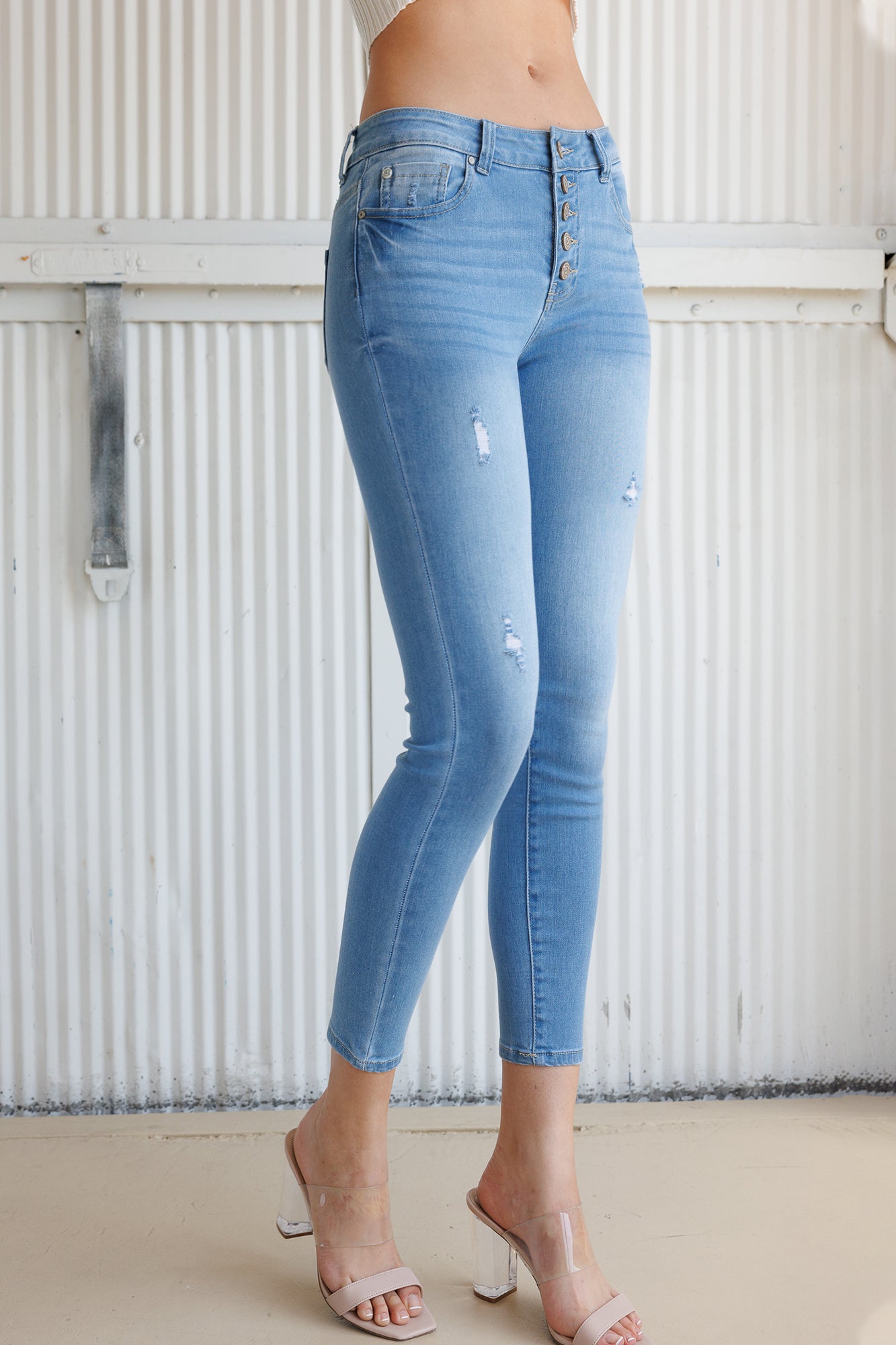 High Rise Ankle Skinny with 5 Exposed Button