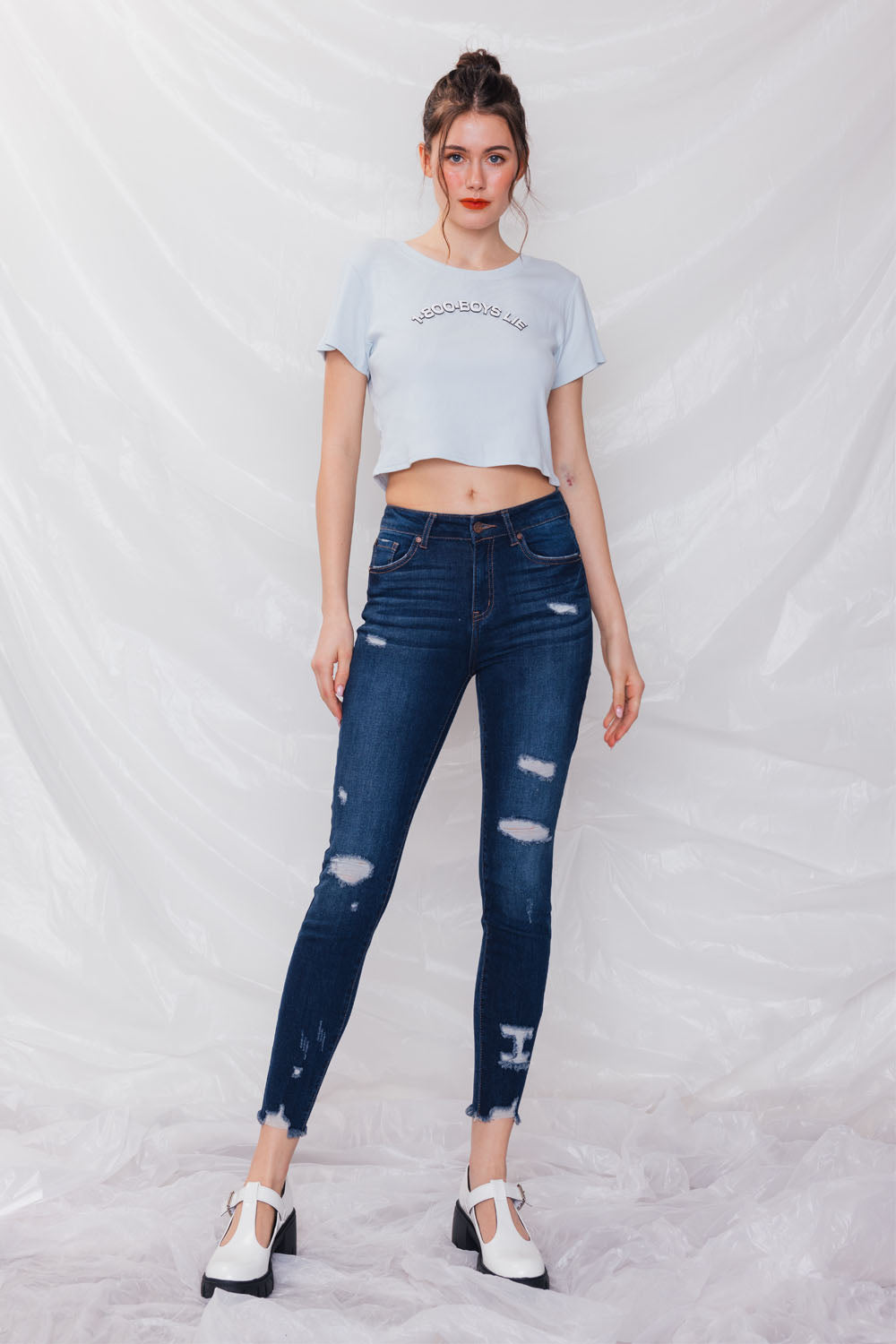 Destructed High Rise Ankle Skinny Jeans
