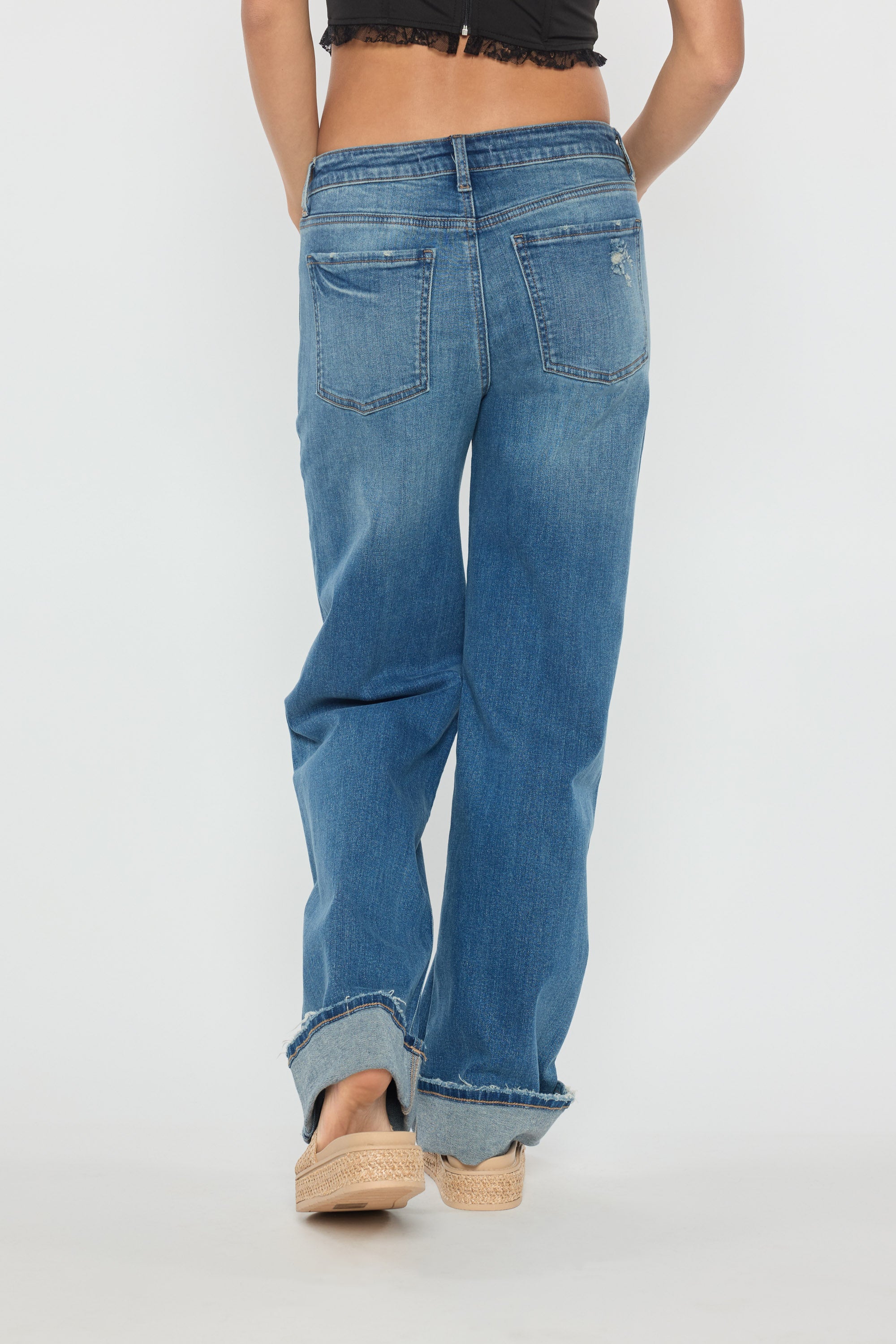 Mid Waist Baggy Wide Leg Jeans with Wide Cuffed Hem
