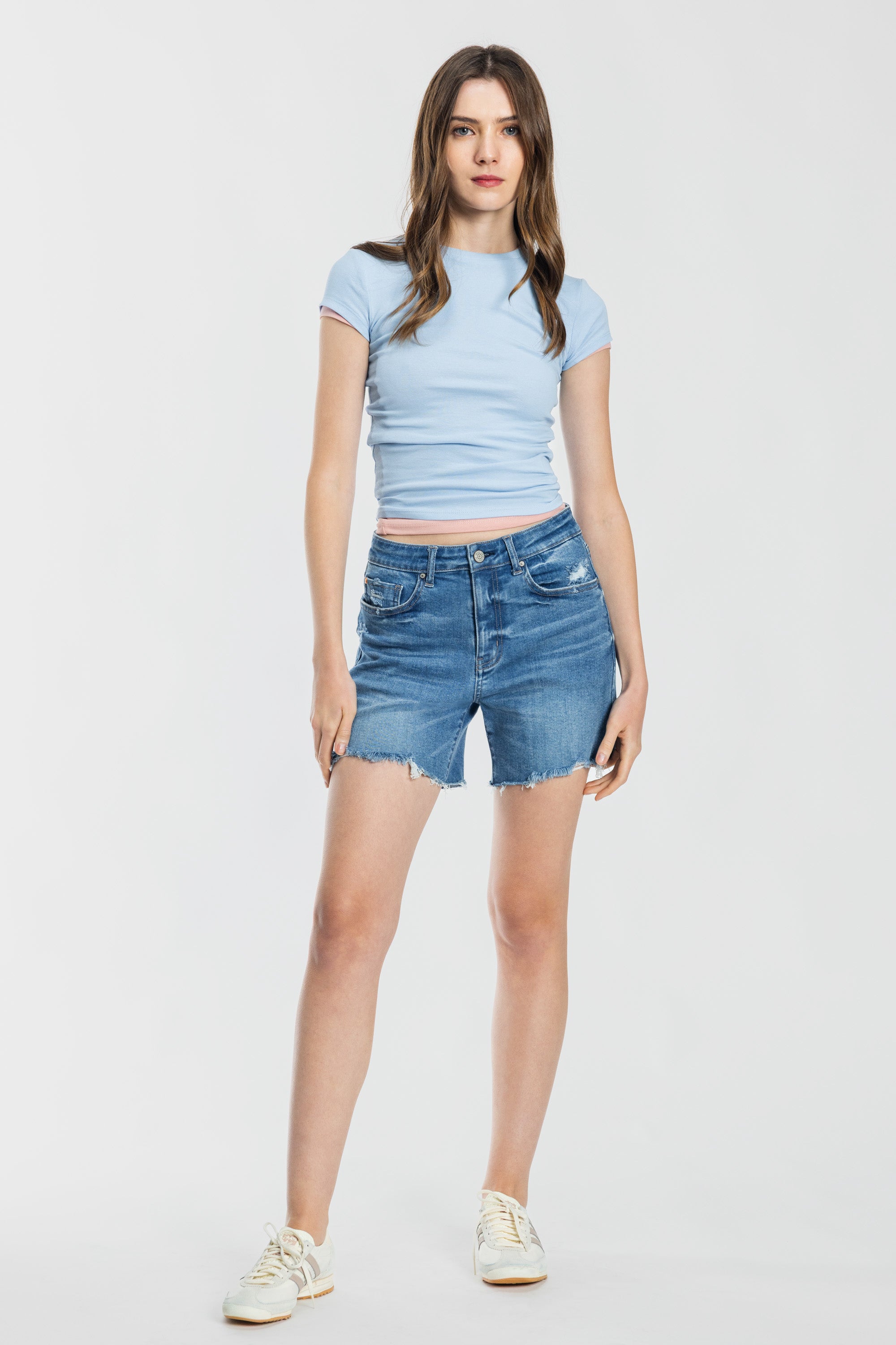 Mid Length Distressed Cut Off Shorts