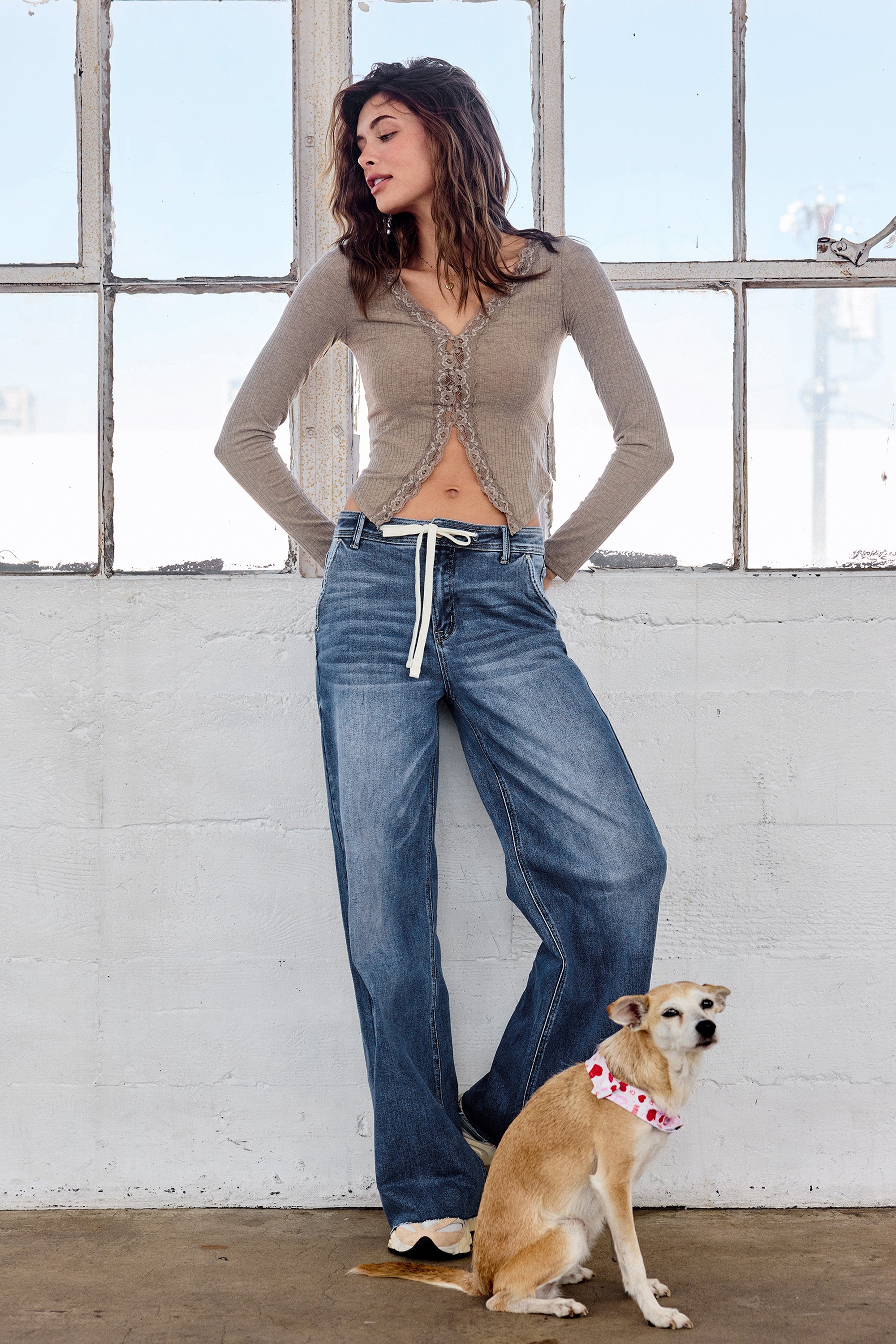 Super High Rise Relaxed Wide Leg Jeans with Waist String