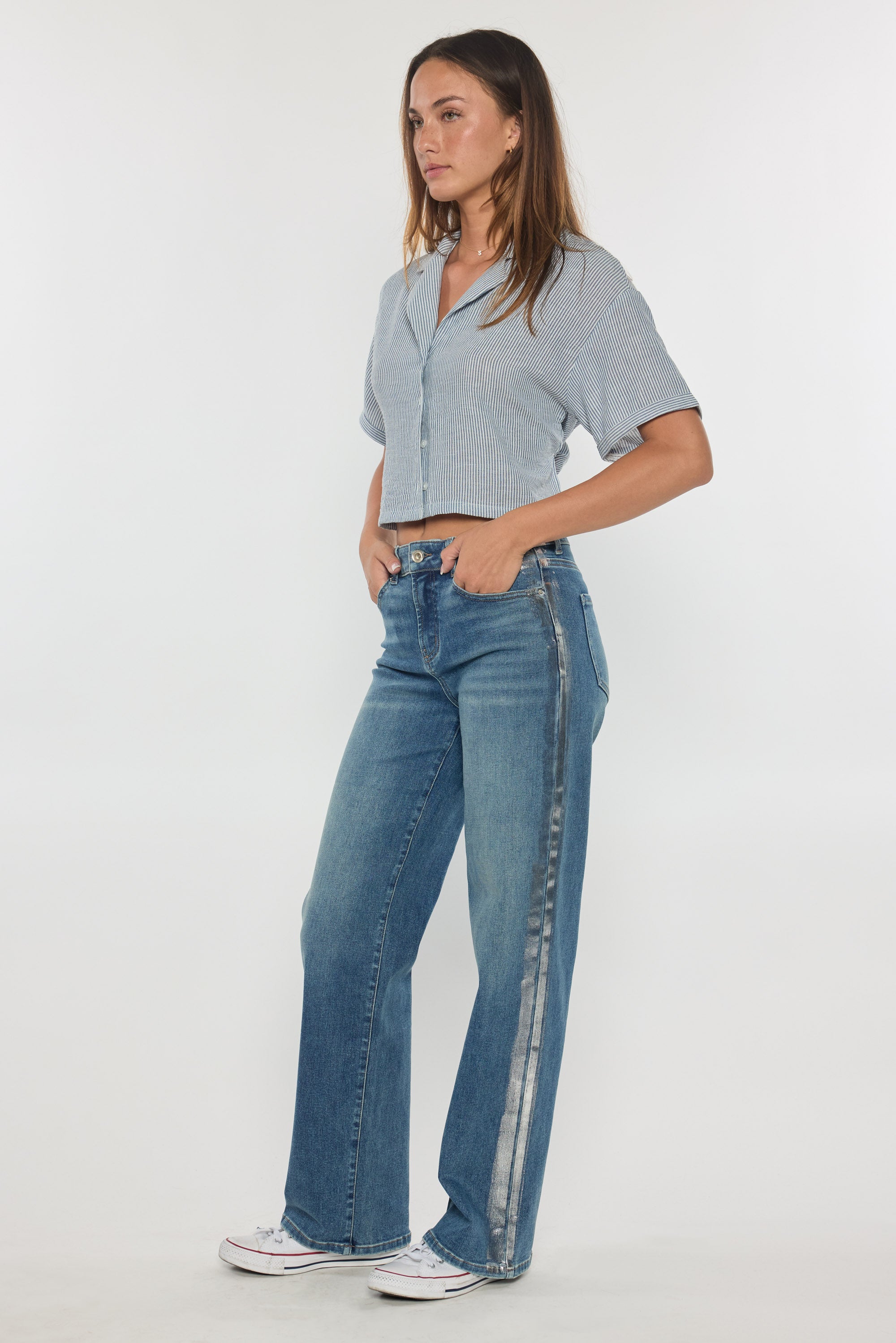 High Rise Relaxed Straight with Side Silver Foil