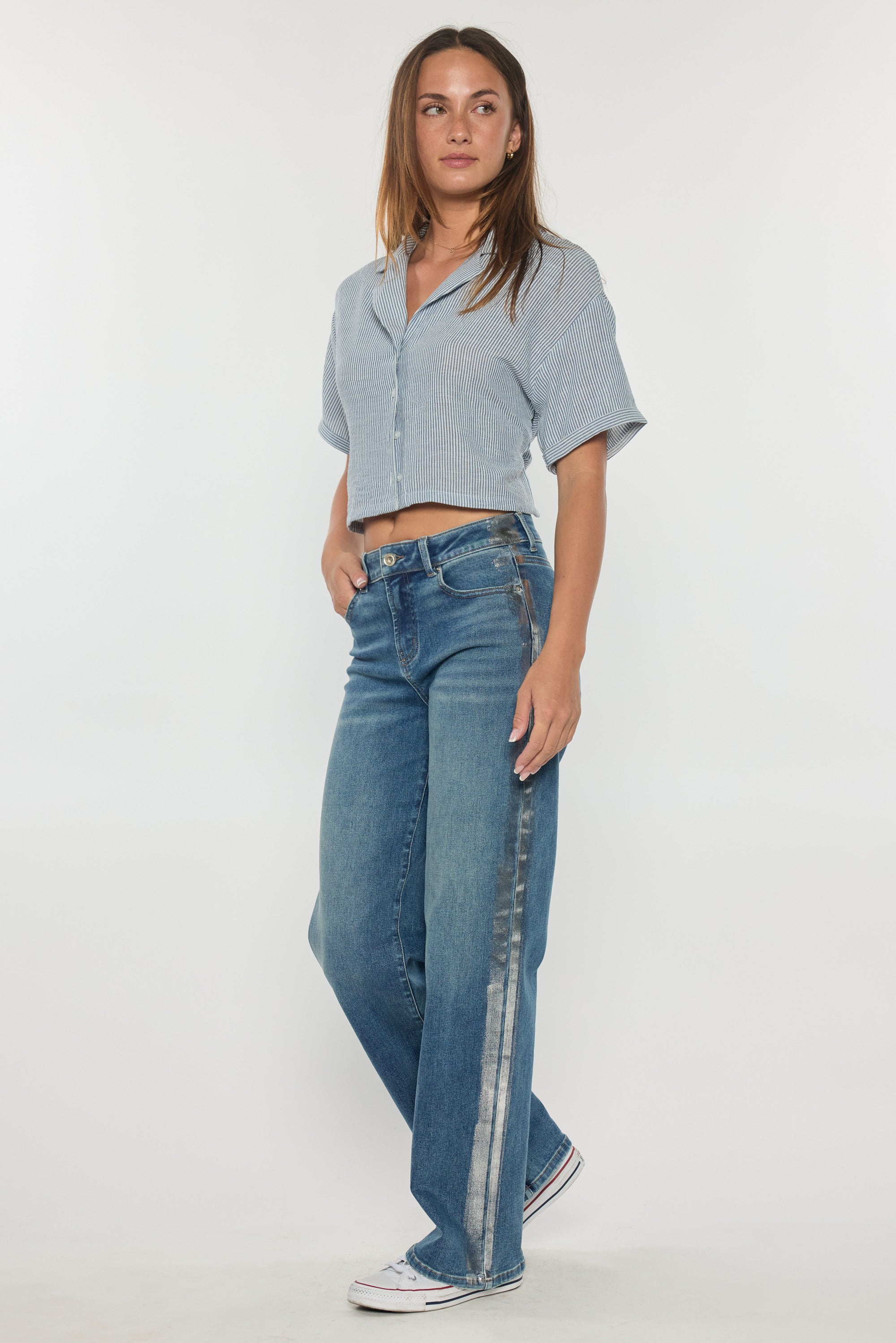 High Rise Relaxed Straight with Side Silver Foil