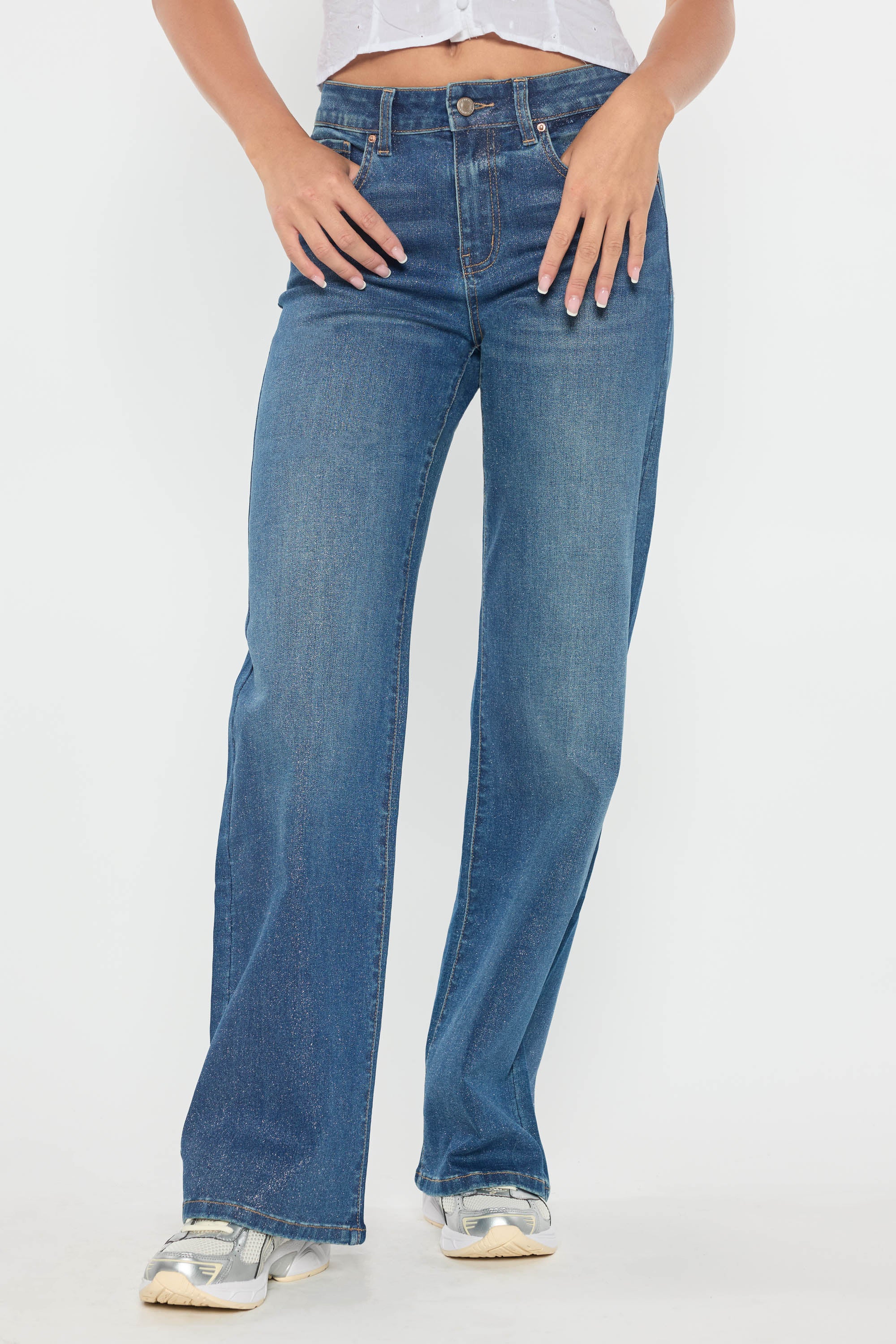 High Rise Wide Leg Jeans with Silver Glitter Effect