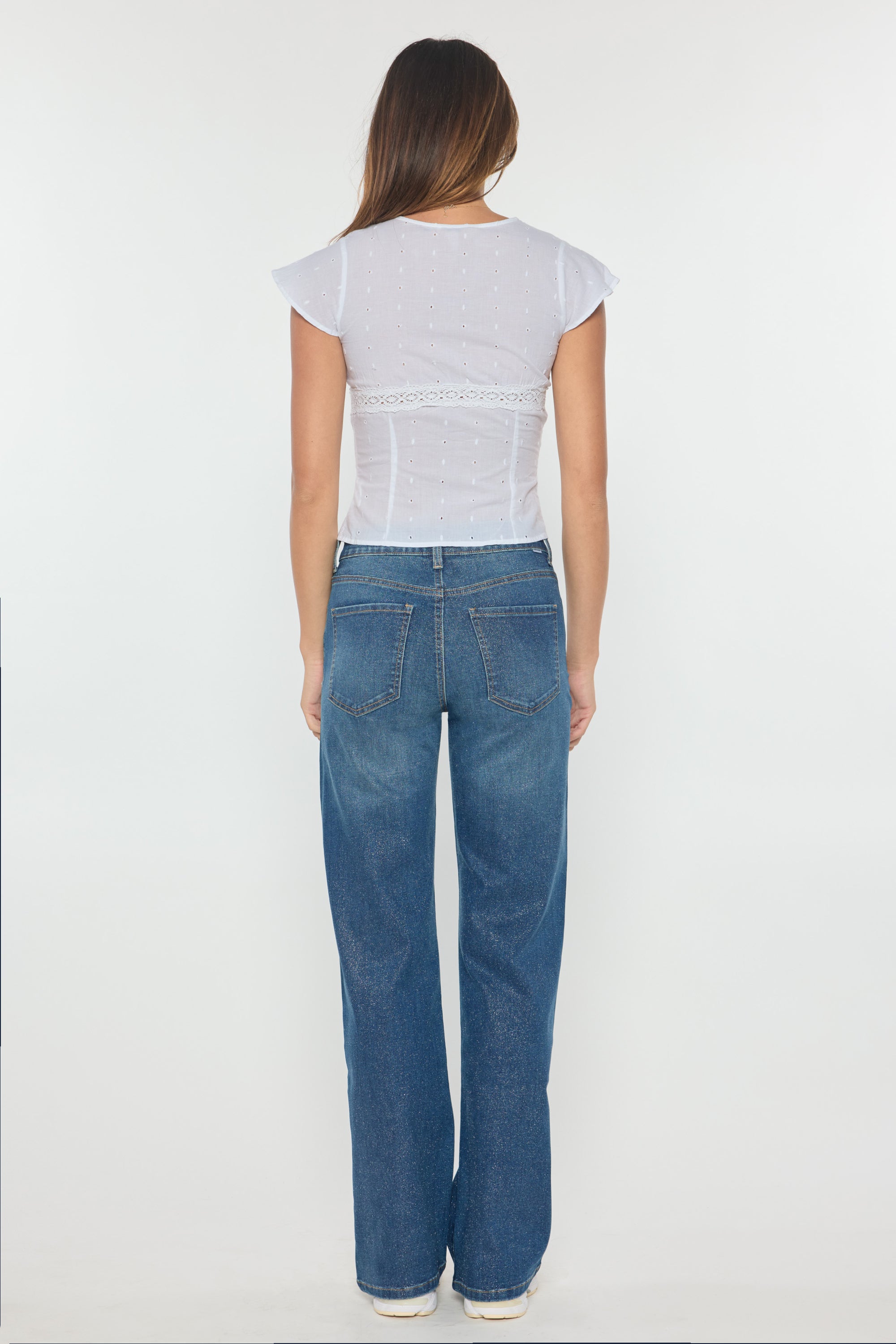 High Rise Wide Leg Jeans with Silver Glitter Effect