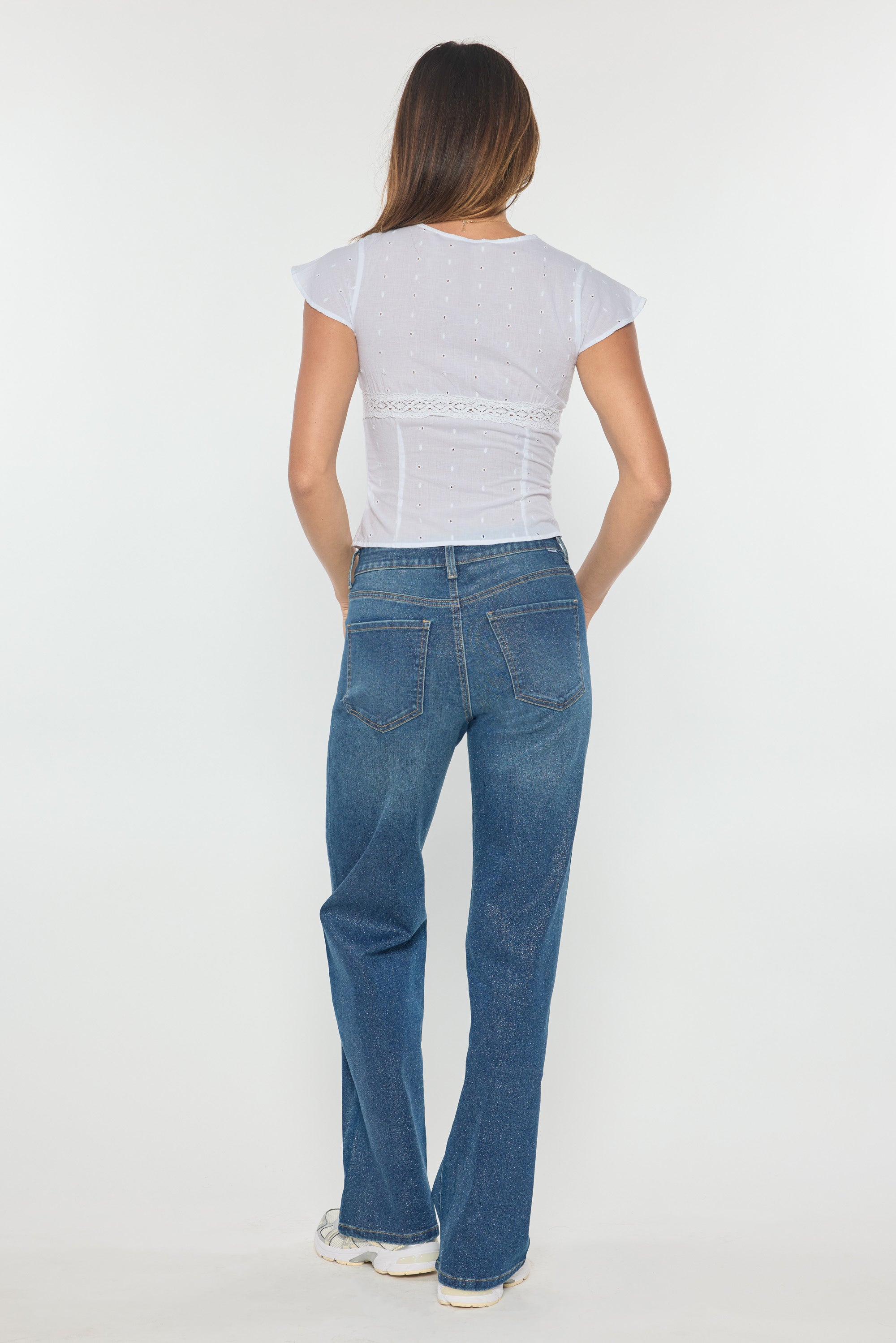 High Rise Wide Leg Jeans with Silver Glitter Effect