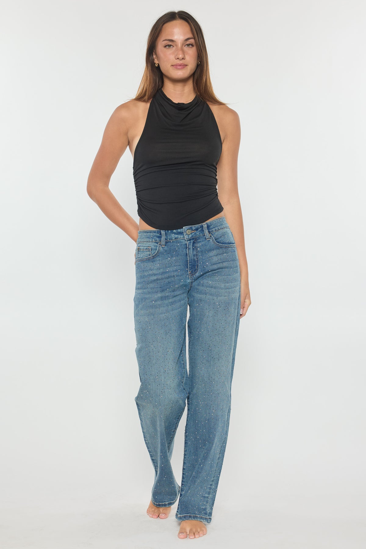 High Rise Relaxed Straight Rhinestone Detailed Jean
