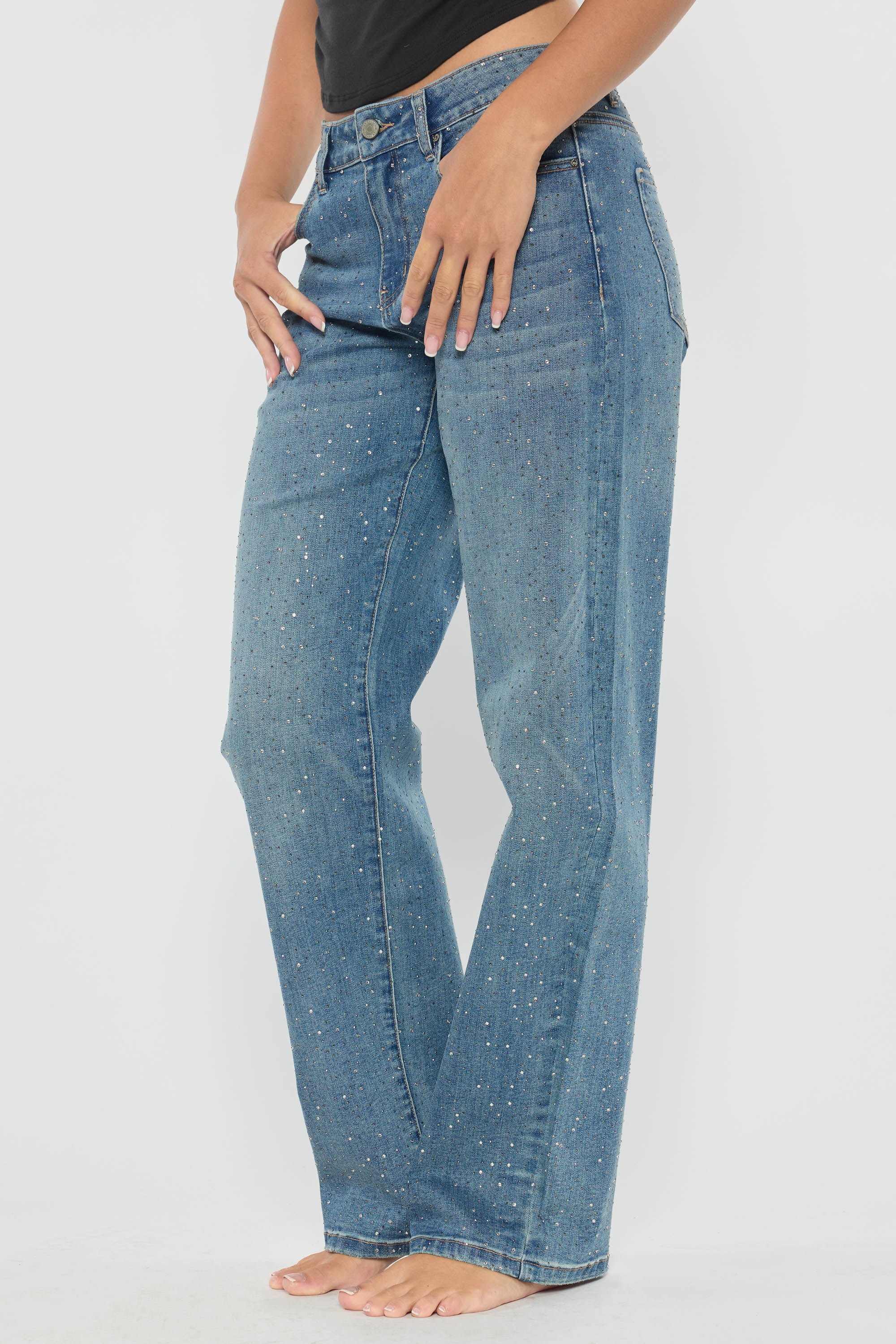 High Rise Relaxed Straight Rhinestone Detailed Jean