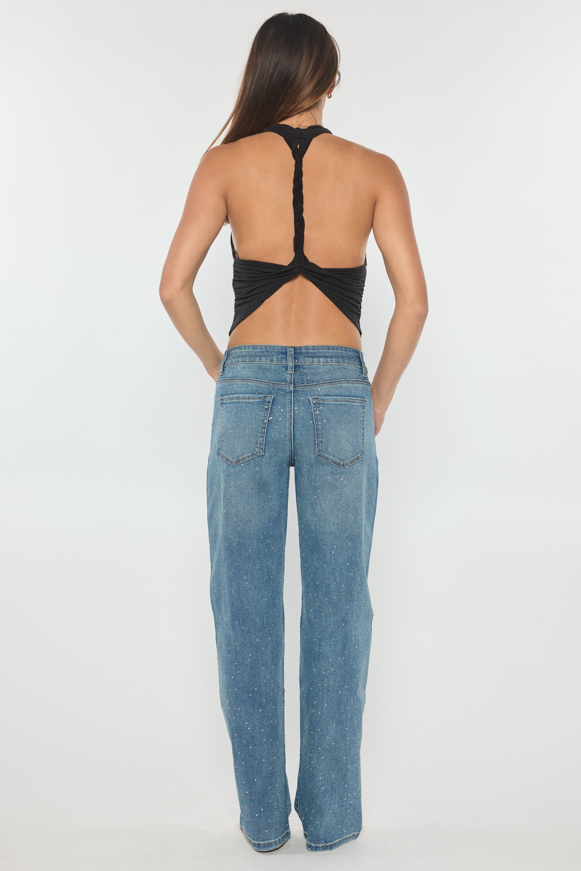 High Rise Relaxed Straight Rhinestone Detailed Jean