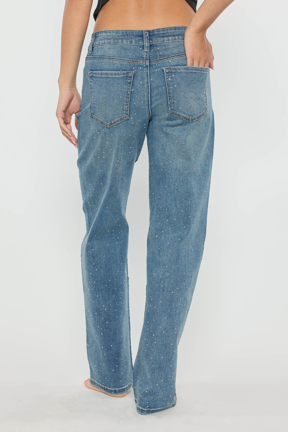 High Rise Relaxed Straight Rhinestone Detailed Jean