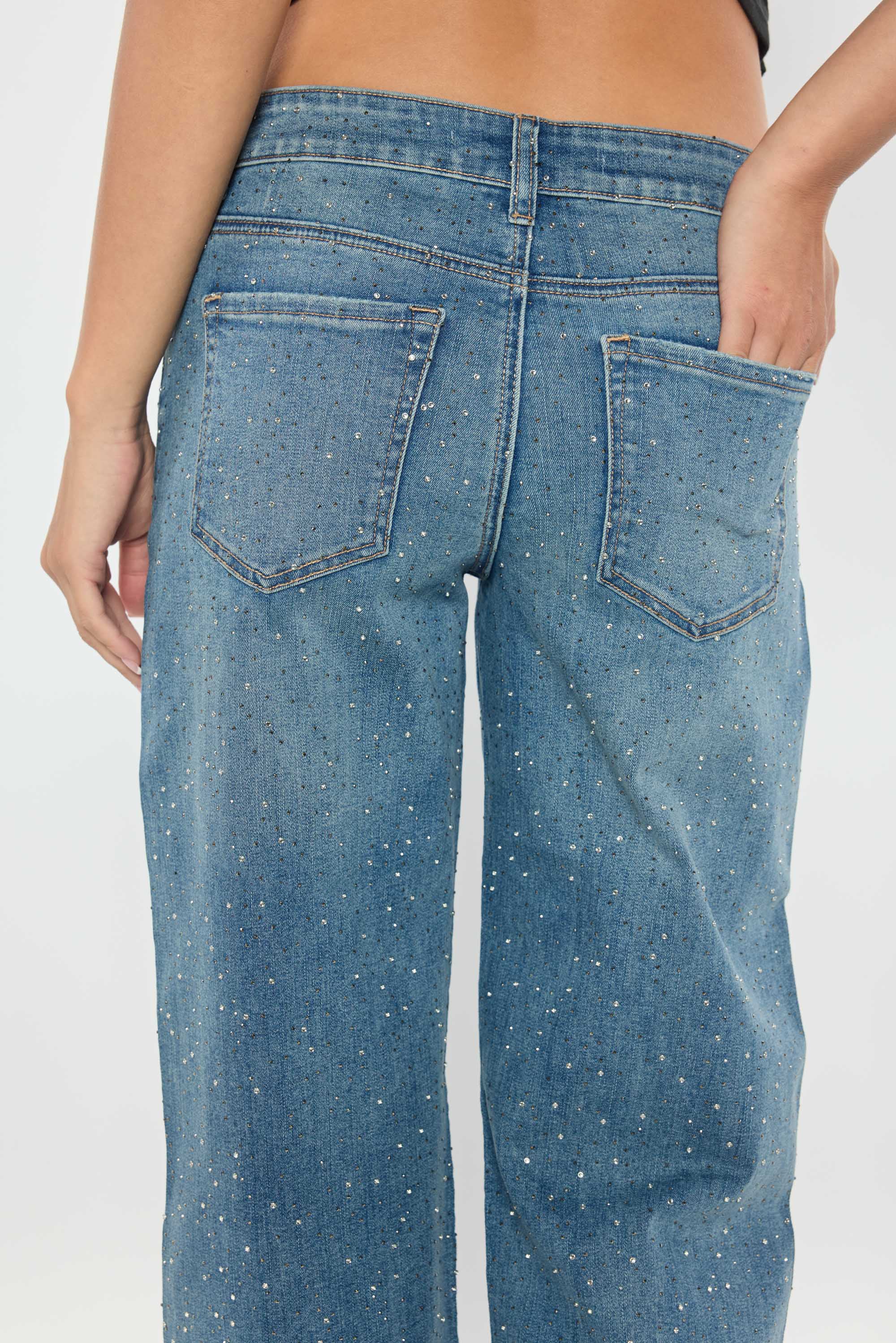 High Rise Relaxed Straight Rhinestone Detailed Jean