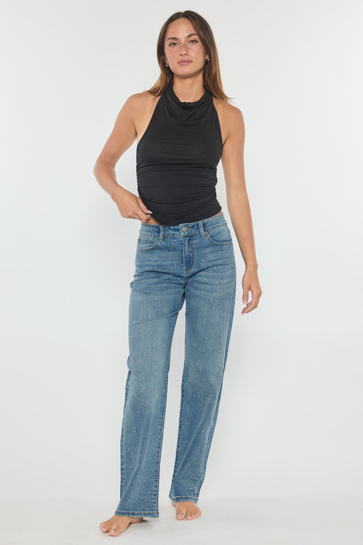 High Rise Relaxed Straight Rhinestone Detailed Jean