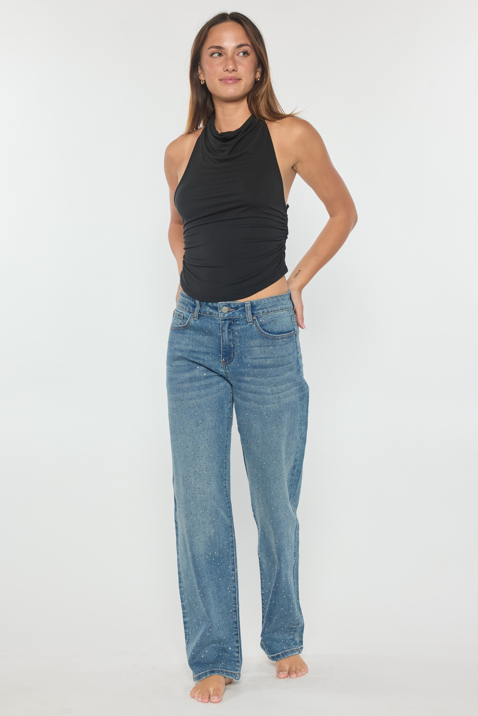 High Rise Relaxed Straight Rhinestone Detailed Jean