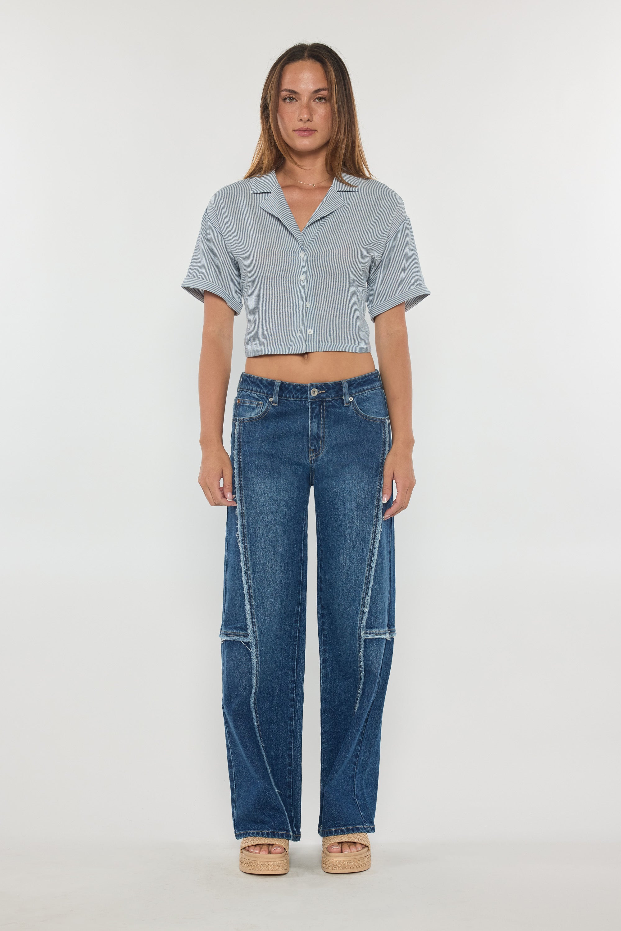 Low Waist Loose Wide Leg Jeans with Fringing Detail