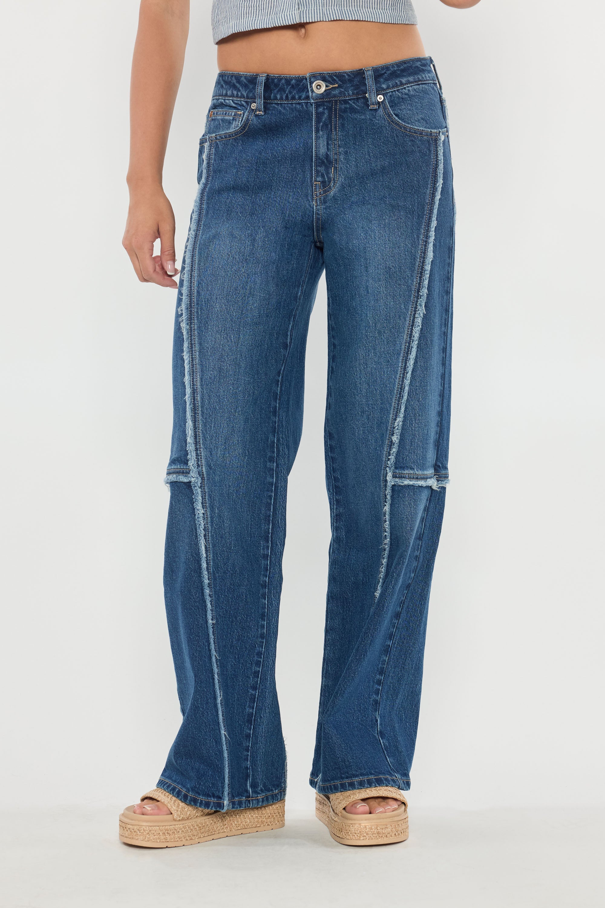 Low Waist Loose Wide Leg Jeans with Fringing Detail