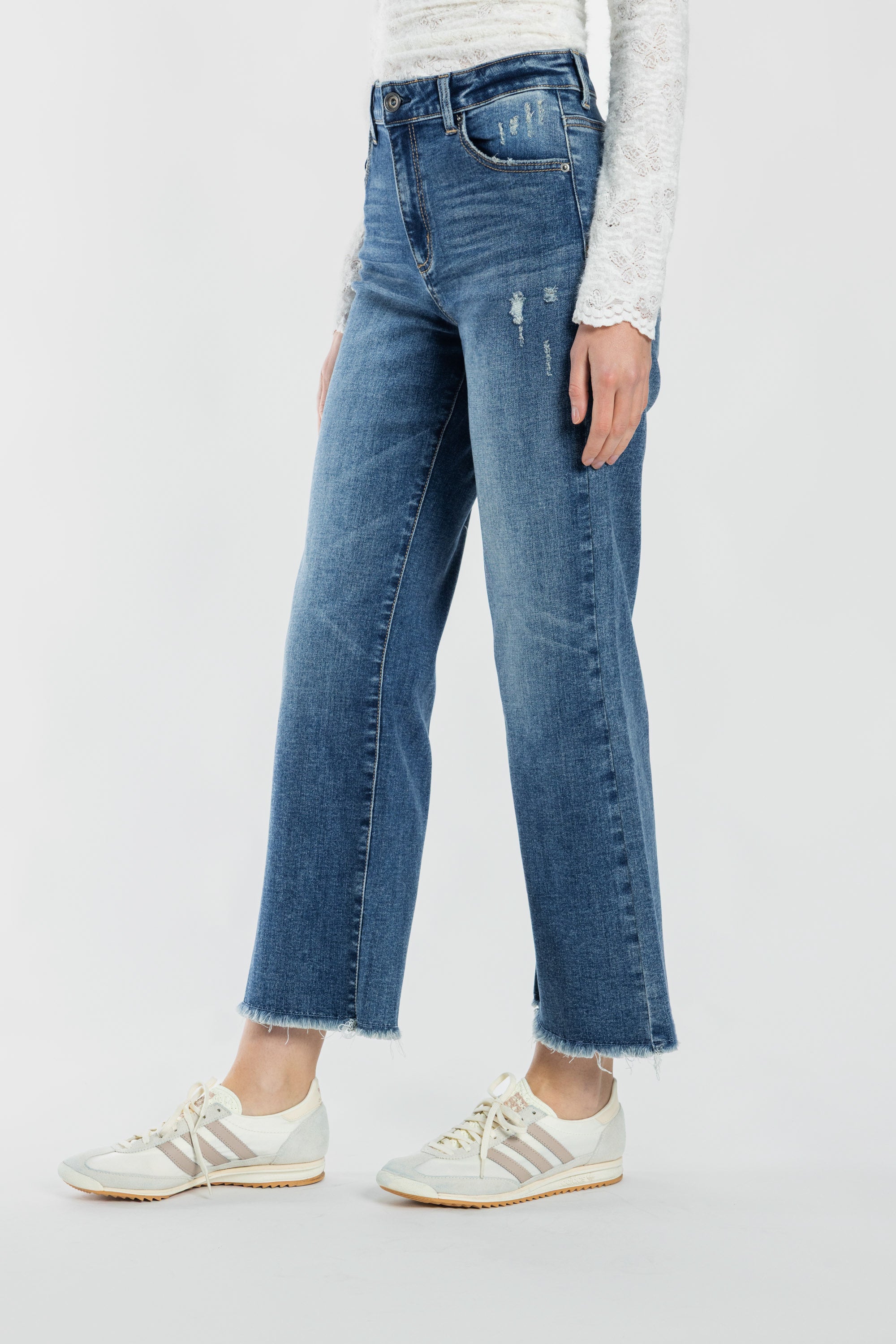 High Rise Destructed Ankle Wide Leg Jeans