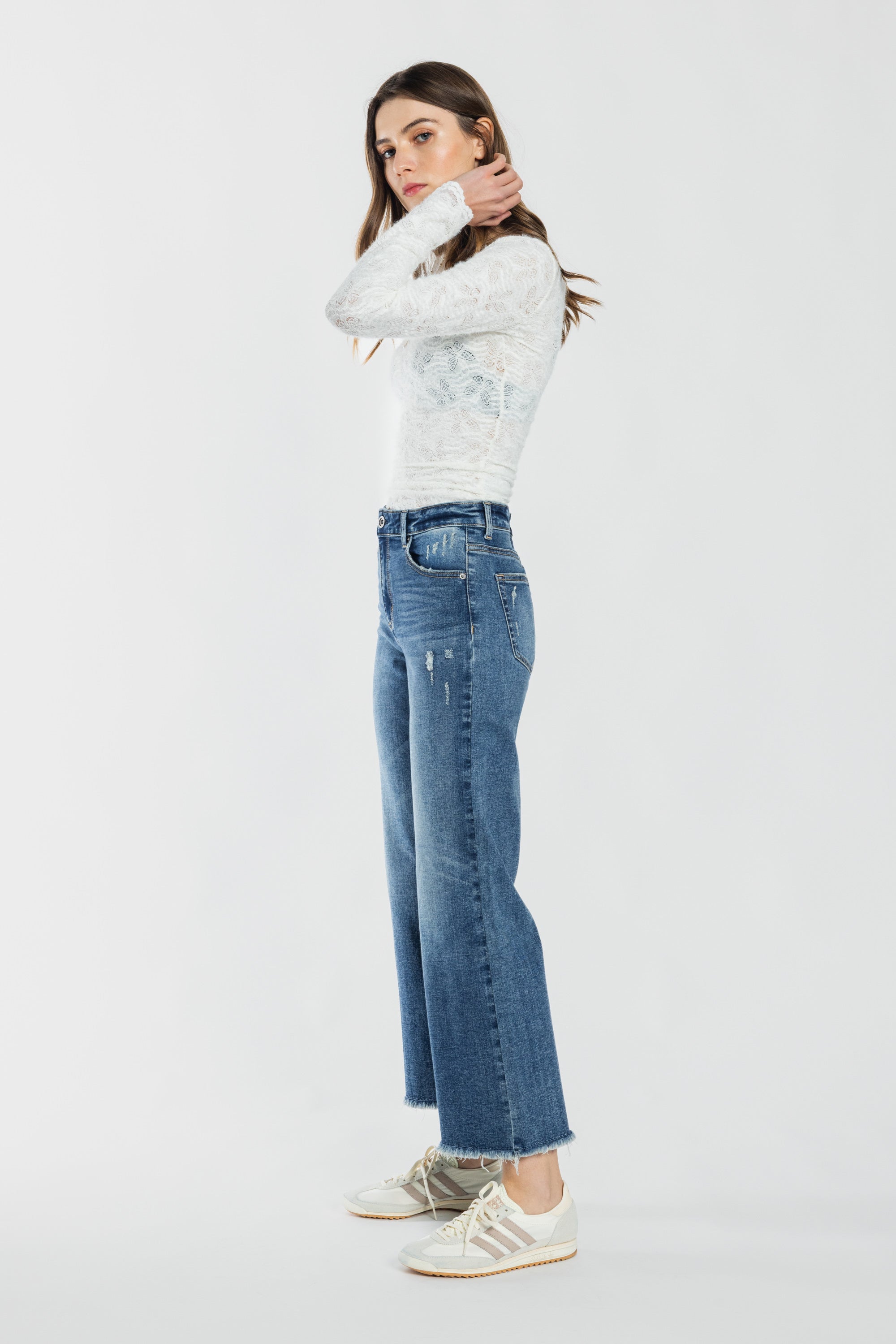 High Rise Destructed Ankle Wide Leg Jeans