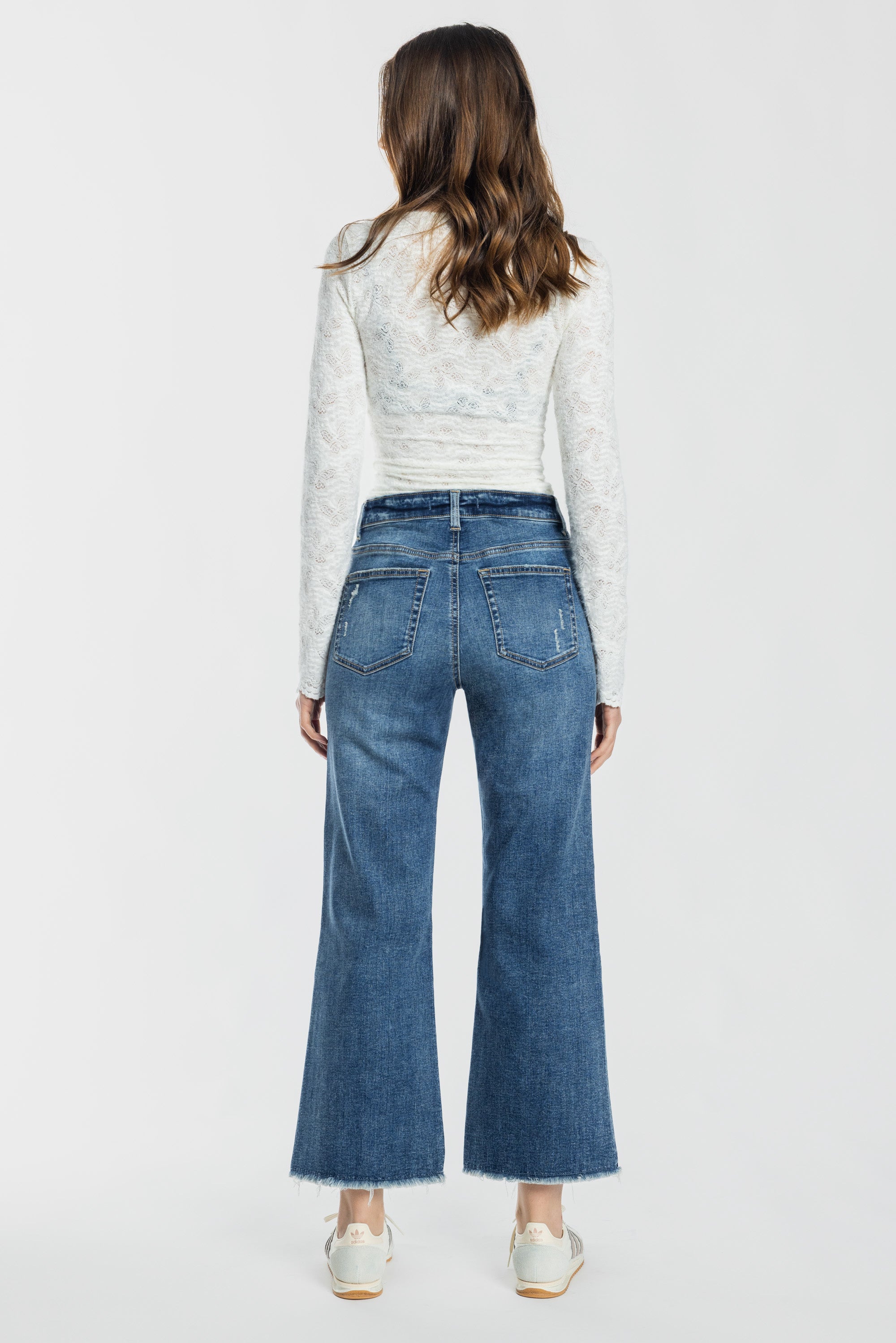 High Rise Destructed Ankle Wide Leg Jeans