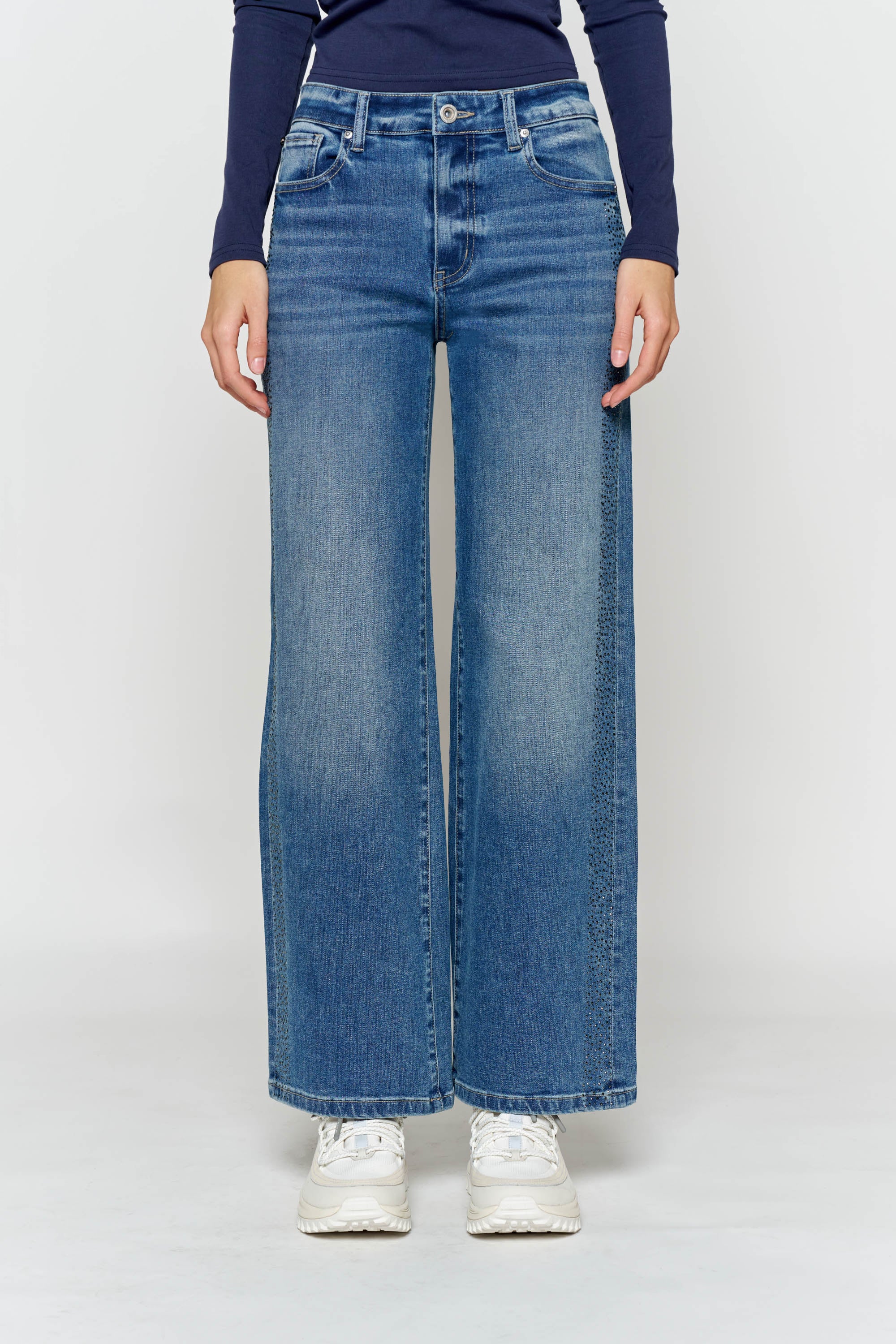 High Rise Ankle Wide Leg with Rhinestone Embellishments Along Side