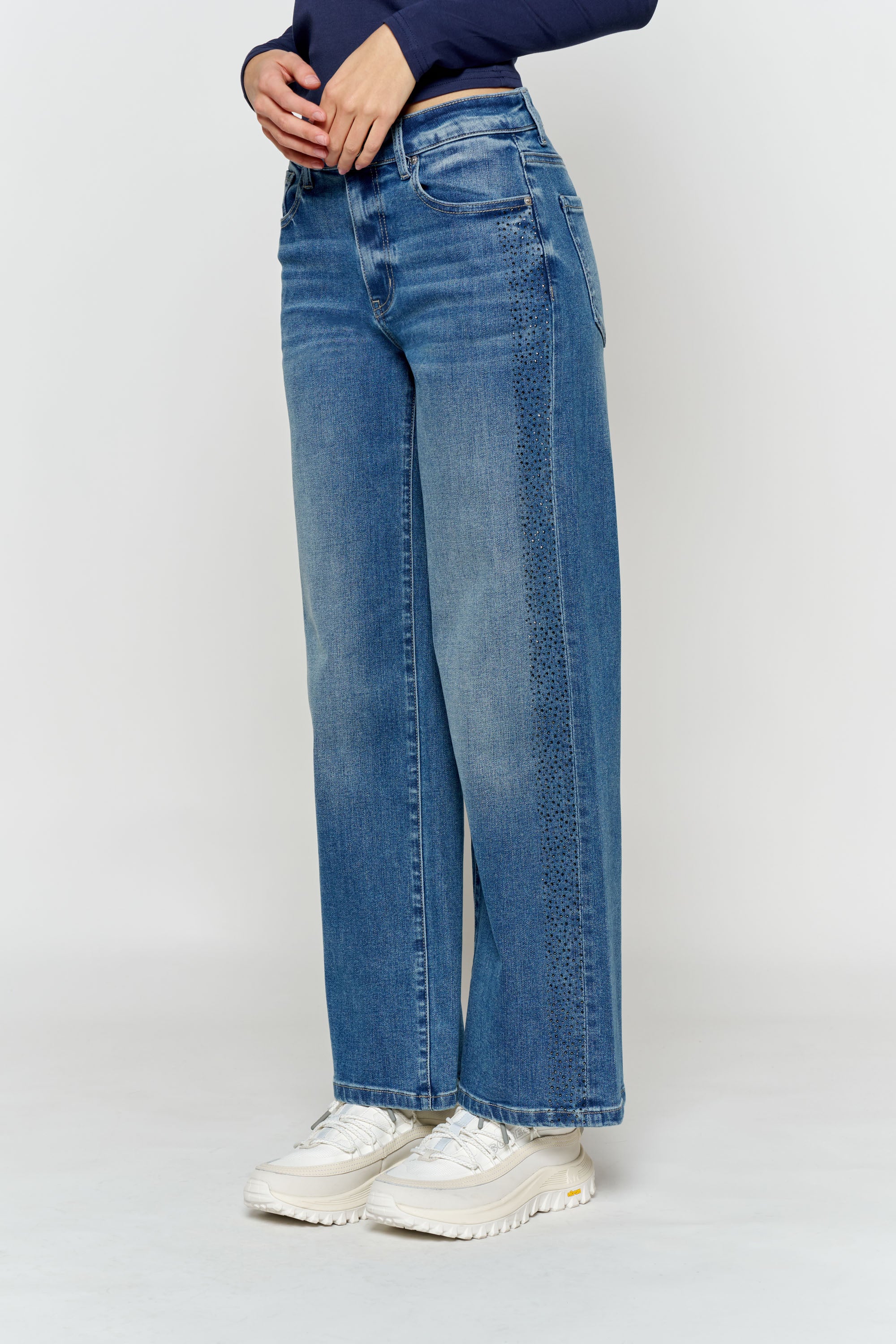 High Rise Ankle Wide Leg with Rhinestone Embellishments Along Side