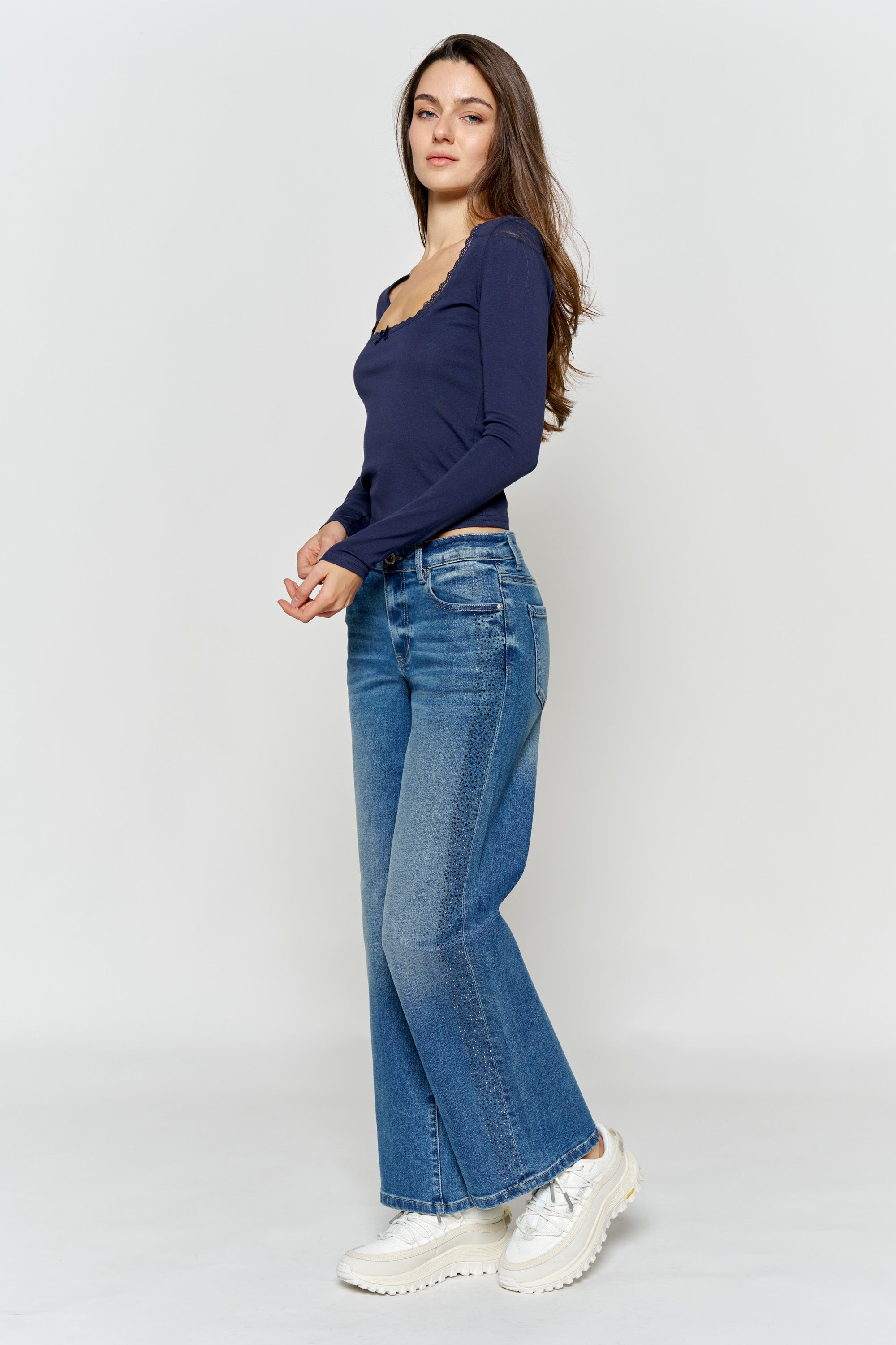 High Rise Ankle Wide Leg with Rhinestone Embellishments Along Side