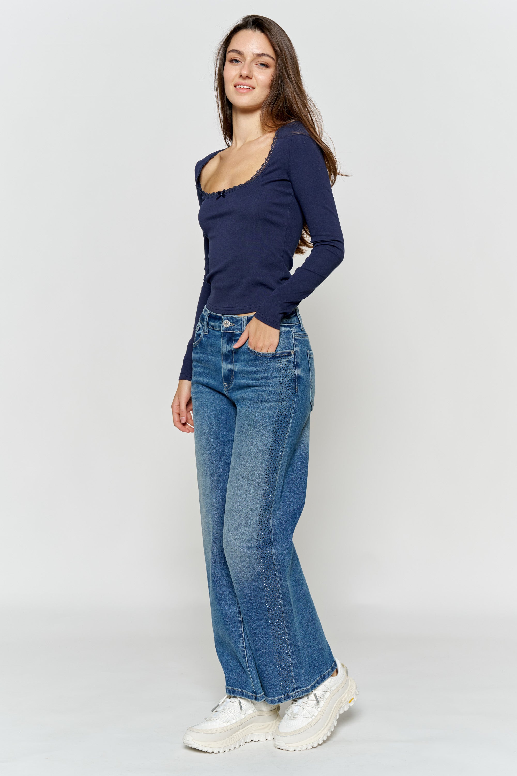 High Rise Ankle Wide Leg Jeans with Rhinestone Embellishments Along Side
