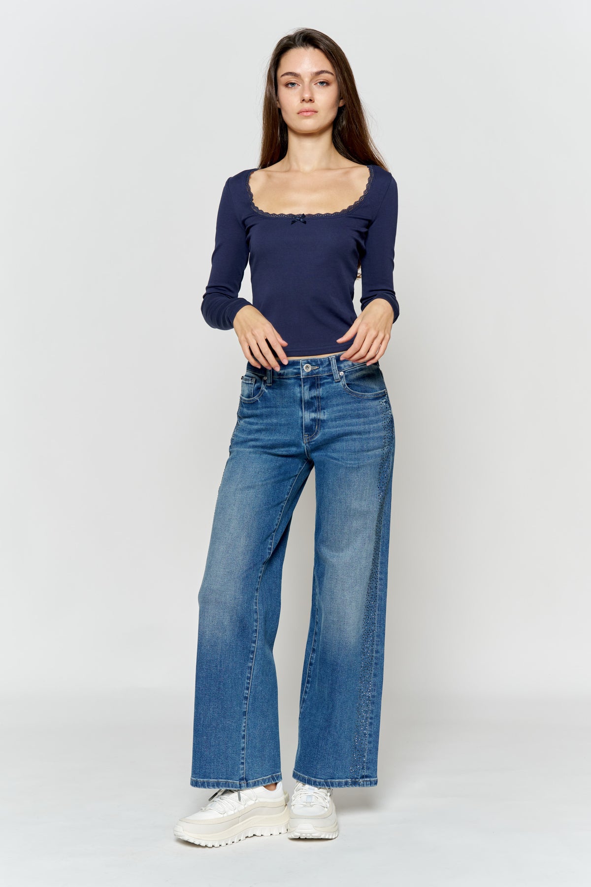 High Rise Ankle Wide Leg with Rhinestone Embellishments Along Side
