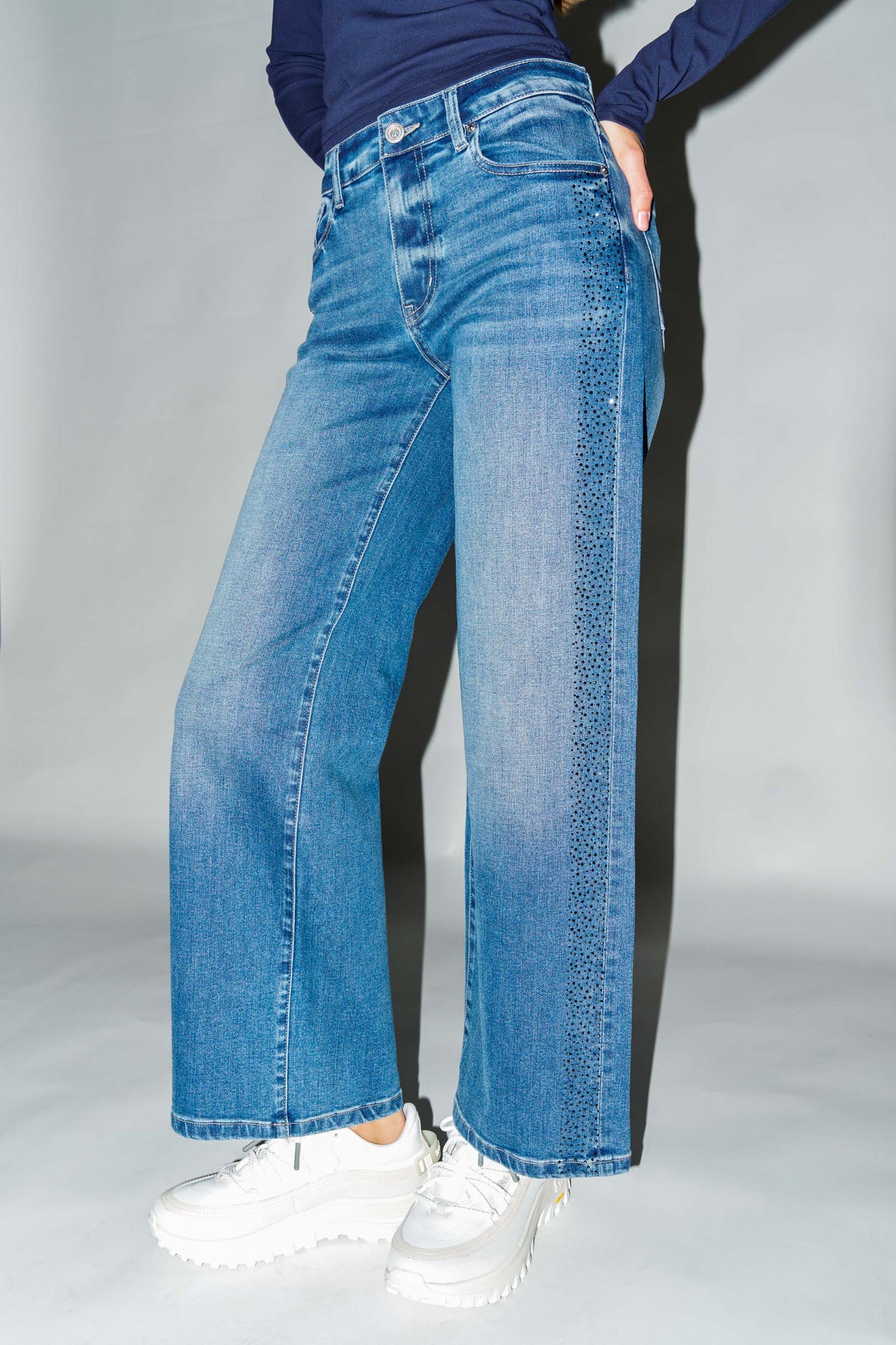 High Rise Ankle Wide Leg with Rhinestone Embellishments Along Side