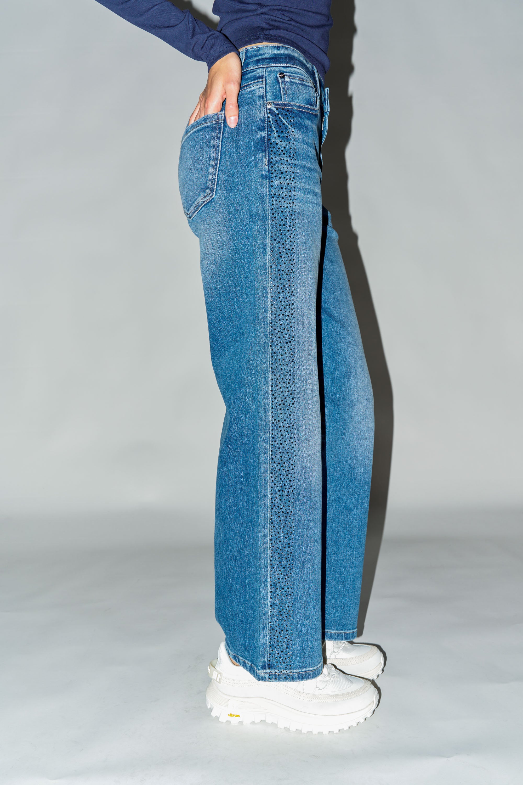 High Rise Ankle Wide Leg with Rhinestone Embellishments Along Side