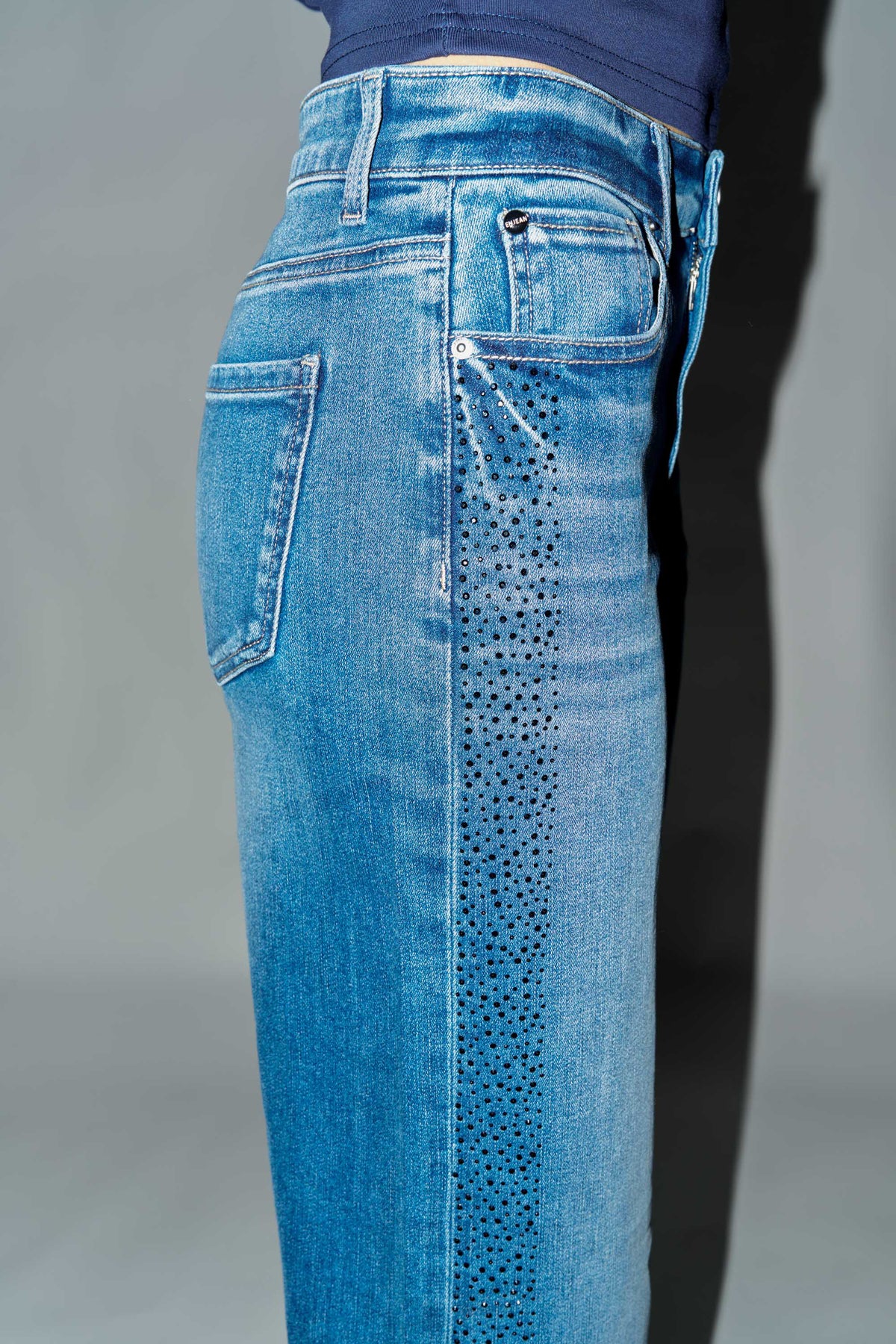 High Rise Ankle Wide Leg with Rhinestone Embellishments Along Side