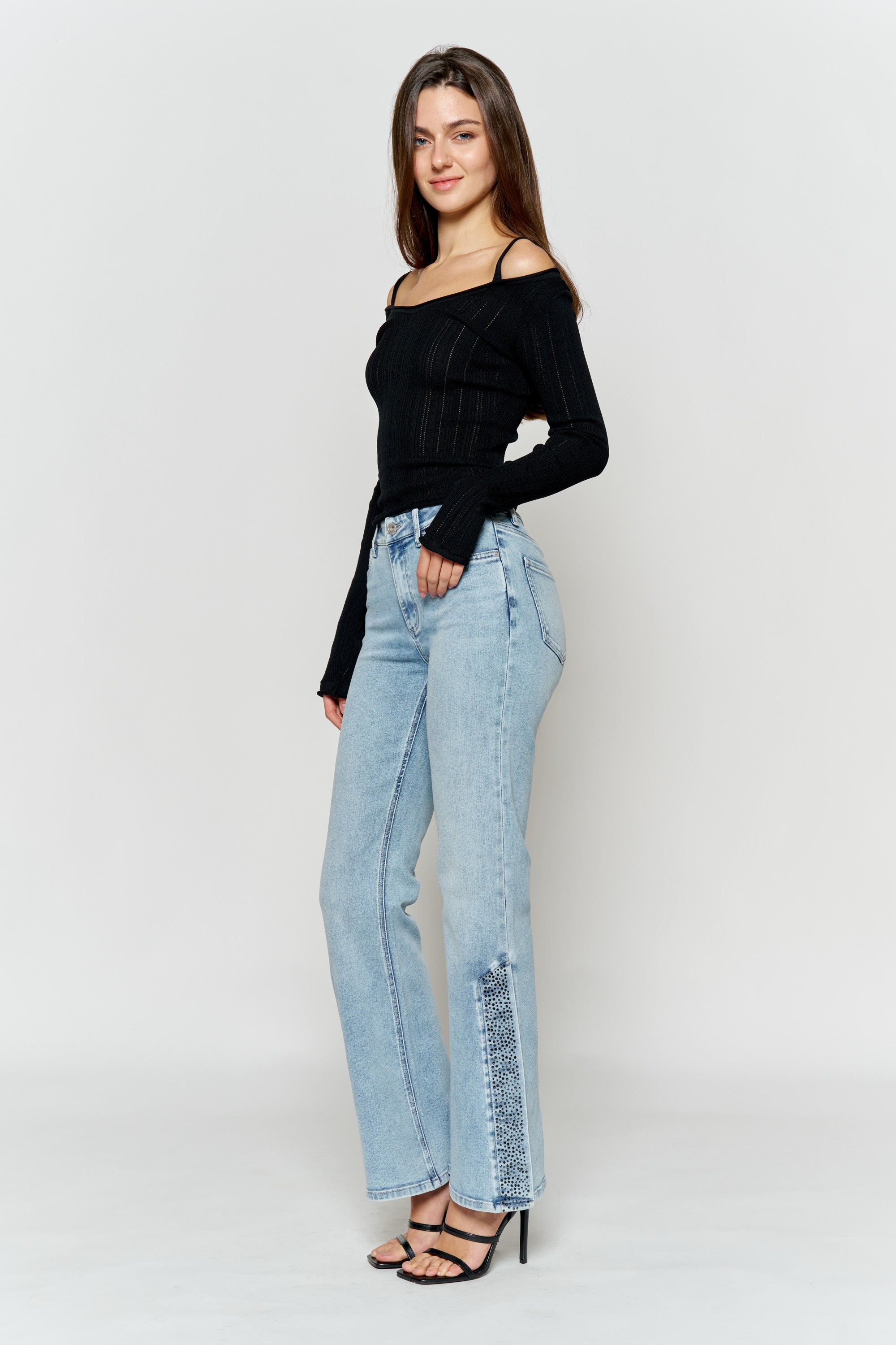 High Rise Slim Wide-Leg Jeans with Side Slit Rhinestone Detail