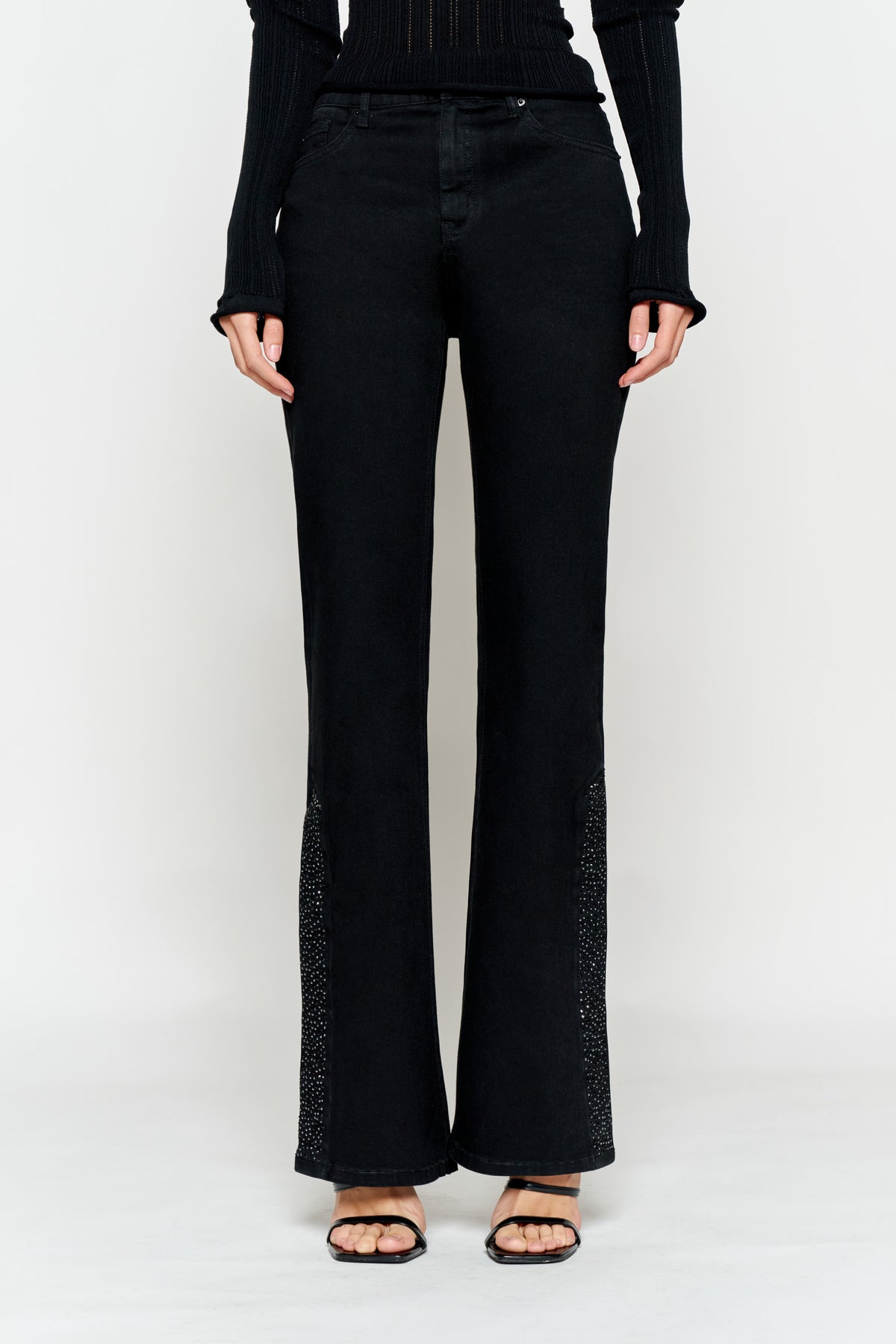 High Rise Slim Wide-Leg with Side Slit Rhinestone Detail