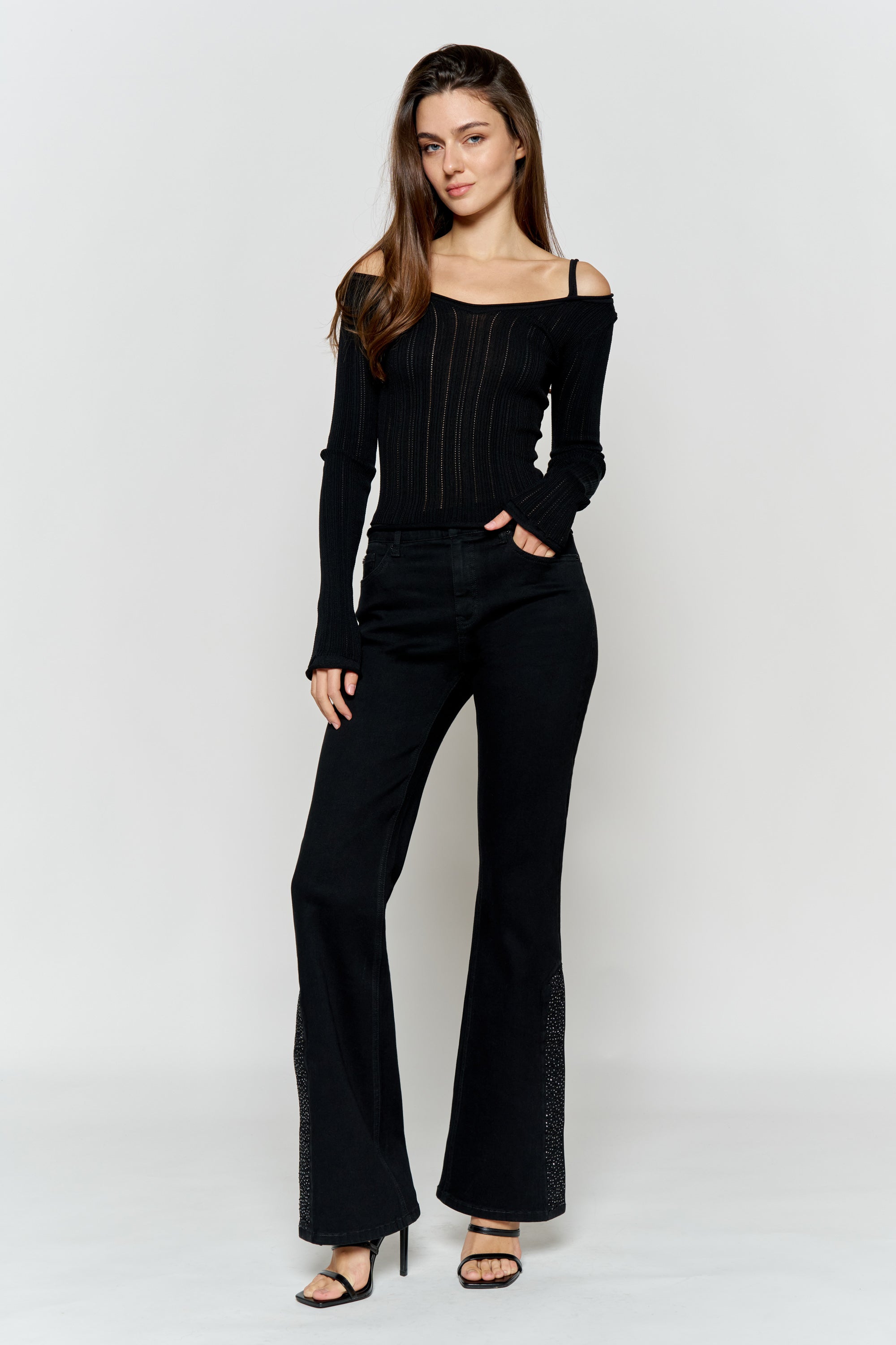 High Rise Slim Wide-Leg with Side Slit Rhinestone Detail