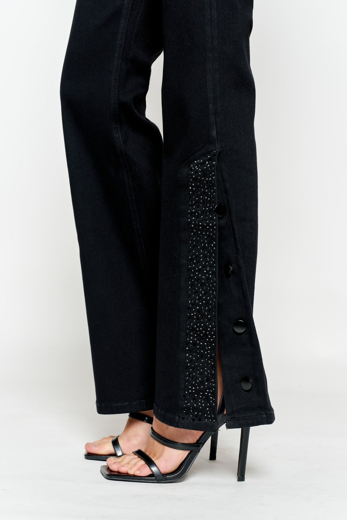 High Rise Slim Wide-Leg with Side Slit Rhinestone Detail