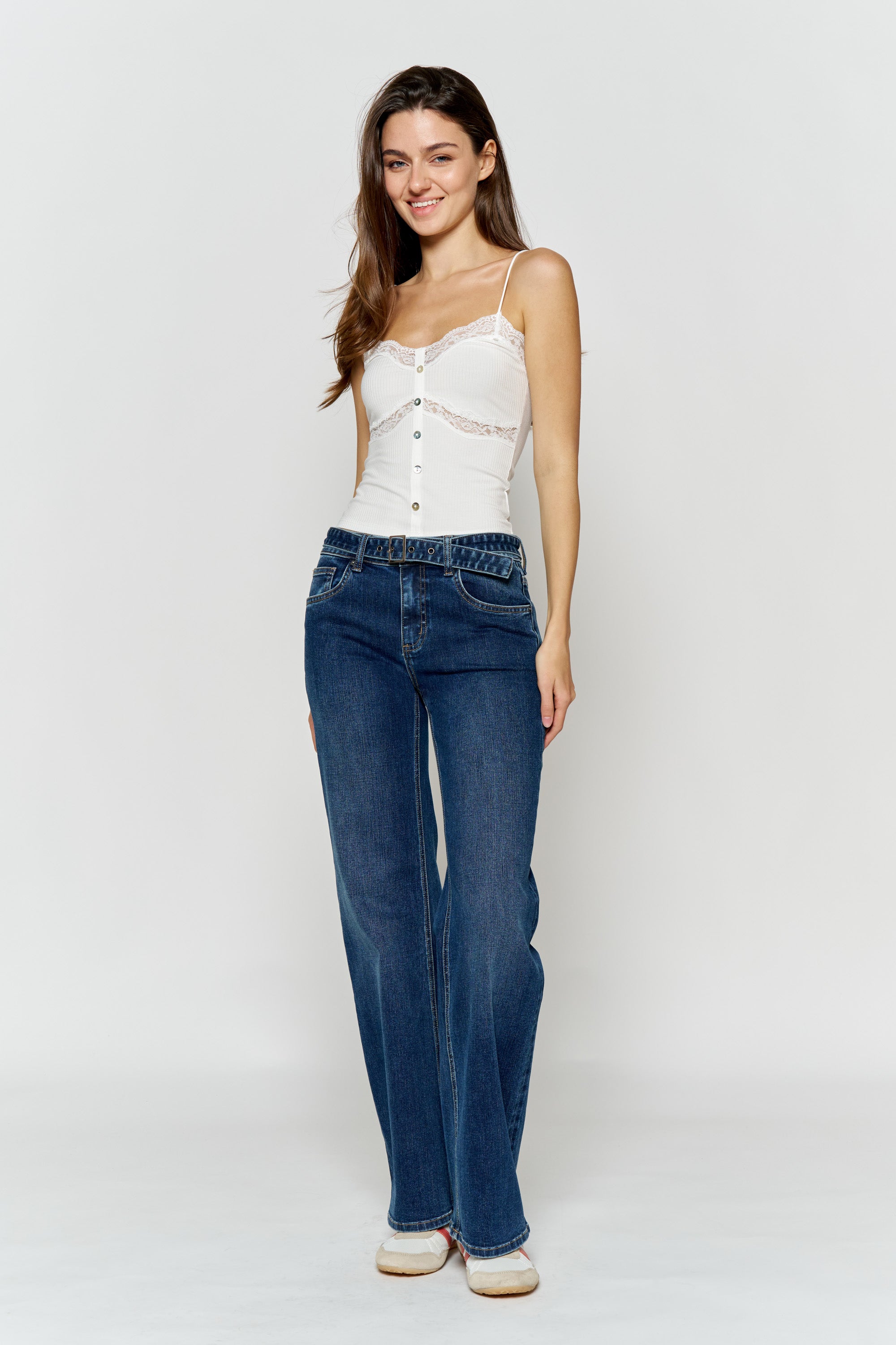 High Rise Belted Wide Leg Jeans with Buckle Closure