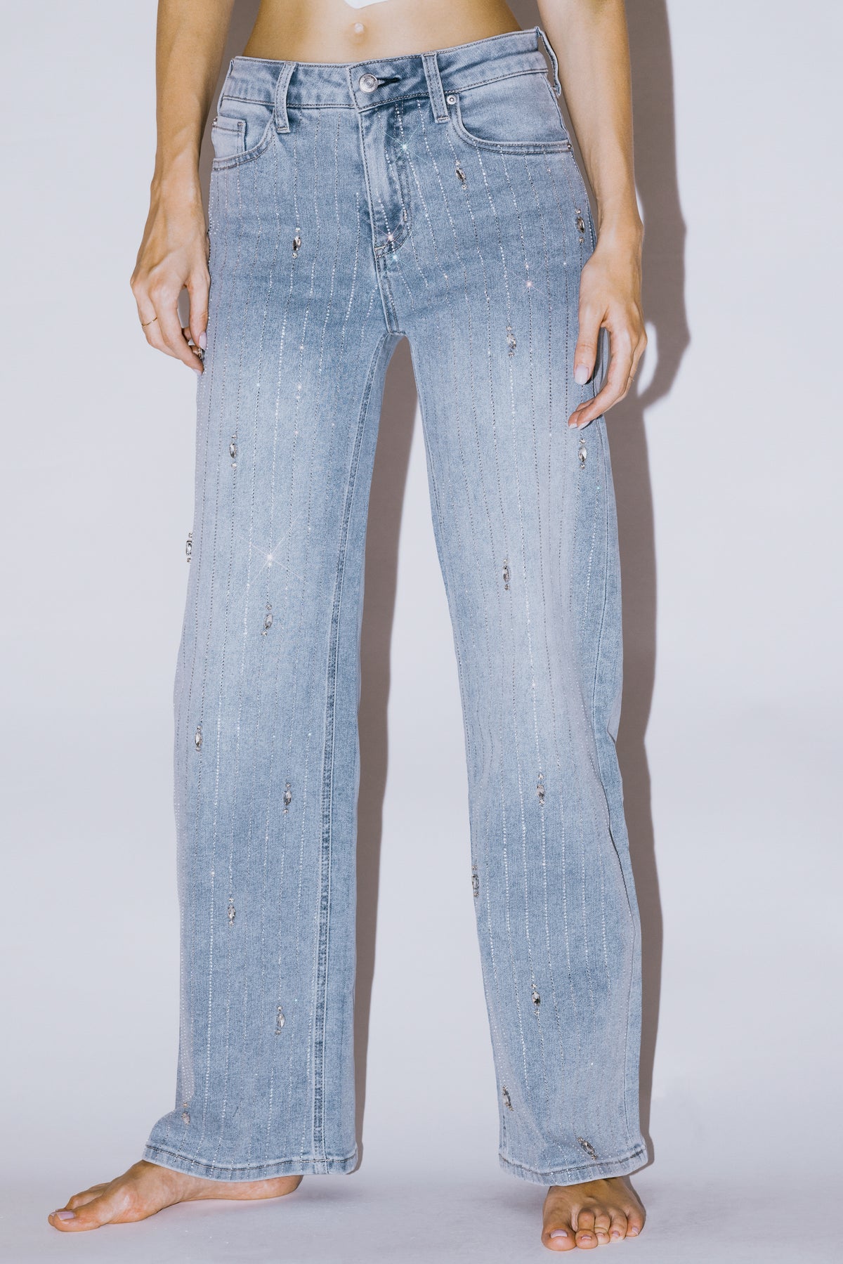 High Rise Relaxed Wide Leg Jean Stripe Rhinestone