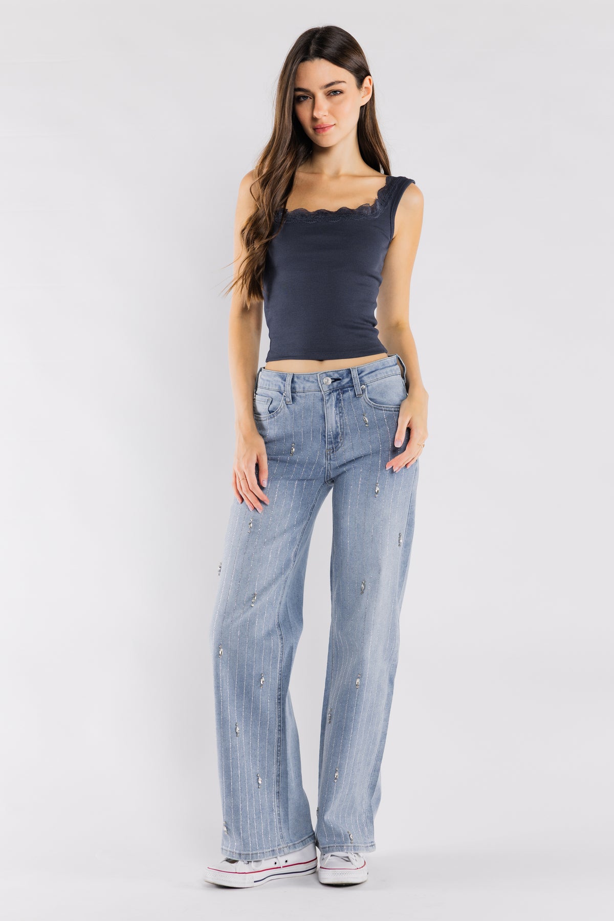 High Rise Relaxed Wide Leg Jean Stripe Rhinestone