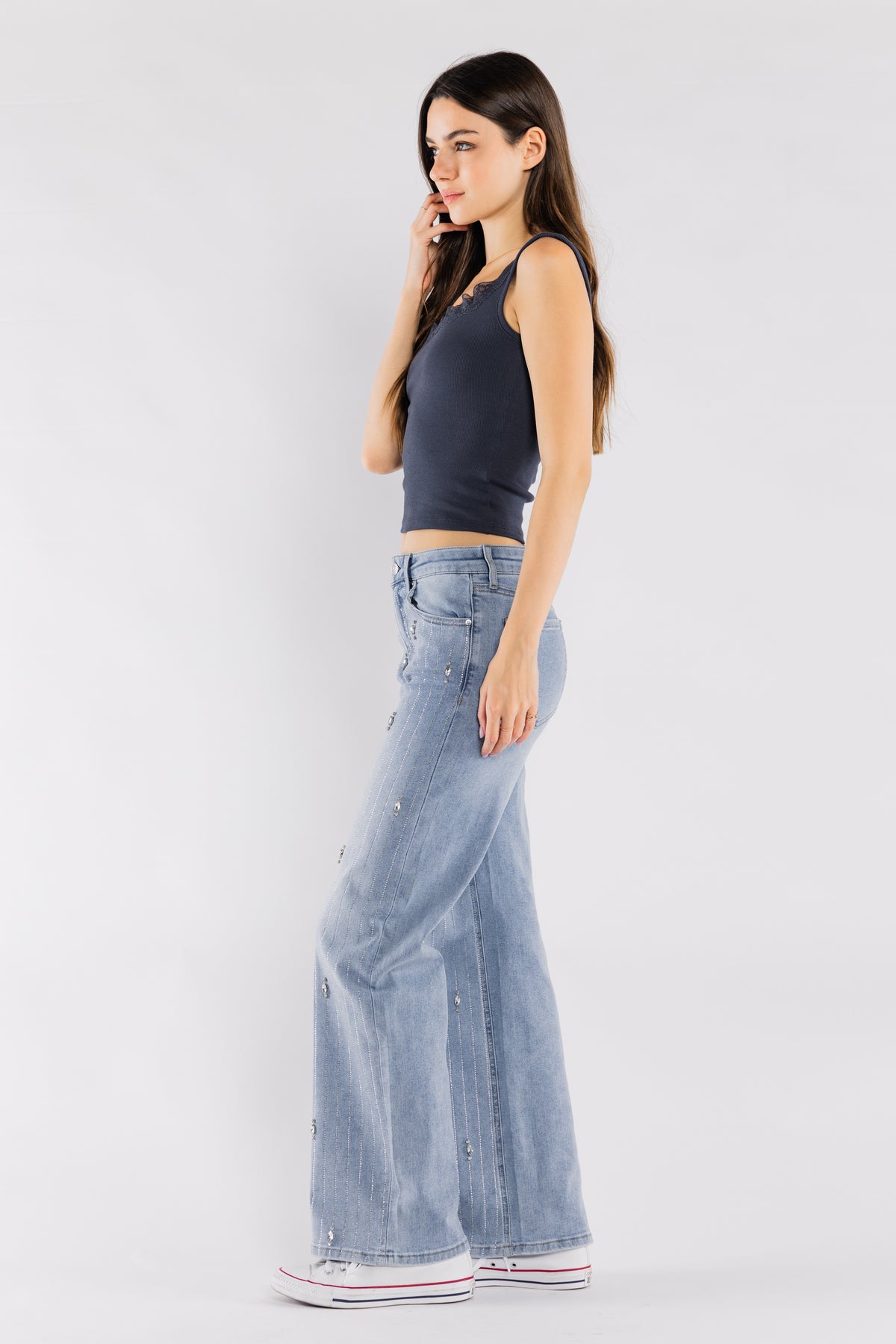 High Rise Relaxed Wide Leg Jean Stripe Rhinestone