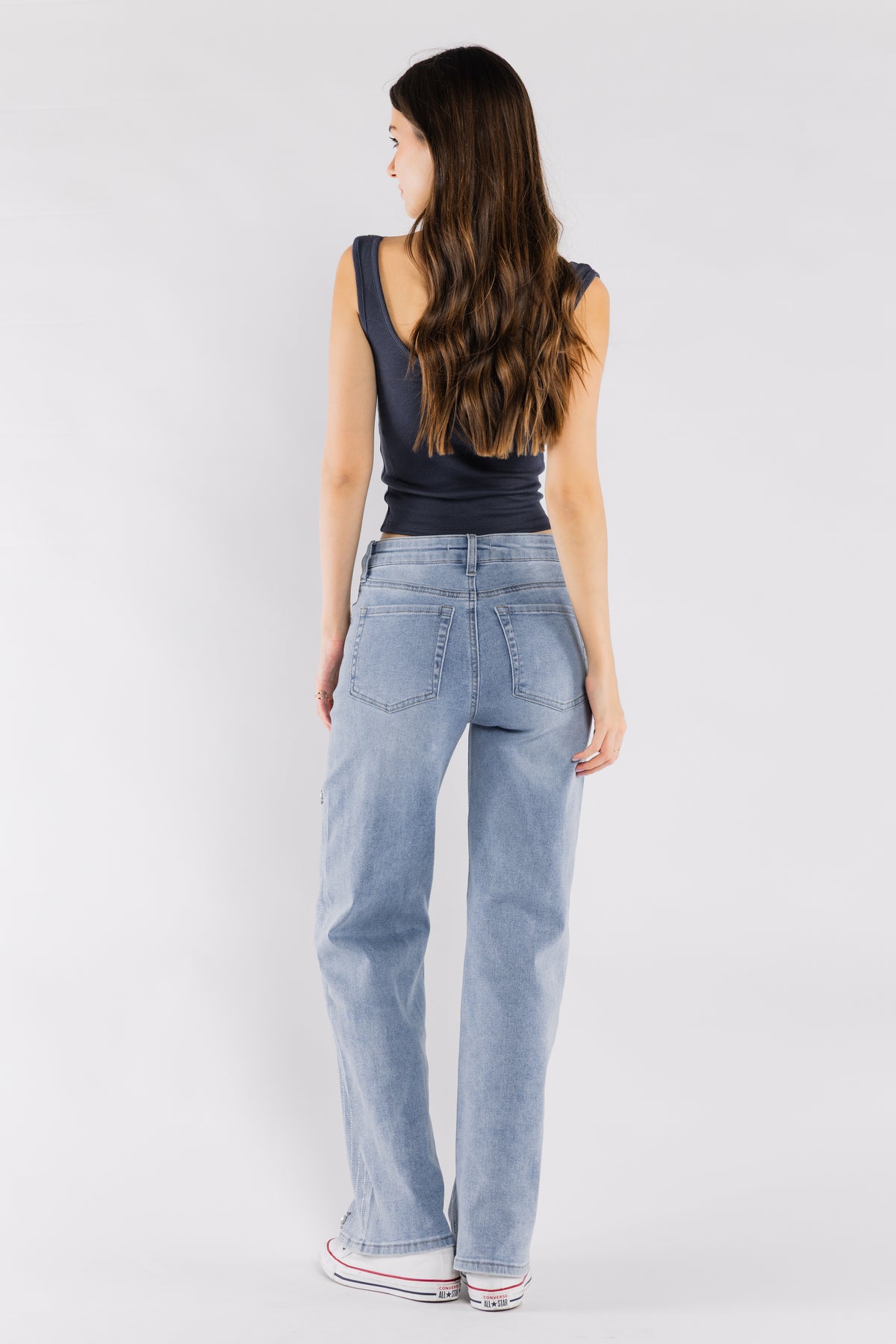 High Rise Relaxed Wide Leg Jean Stripe Rhinestone