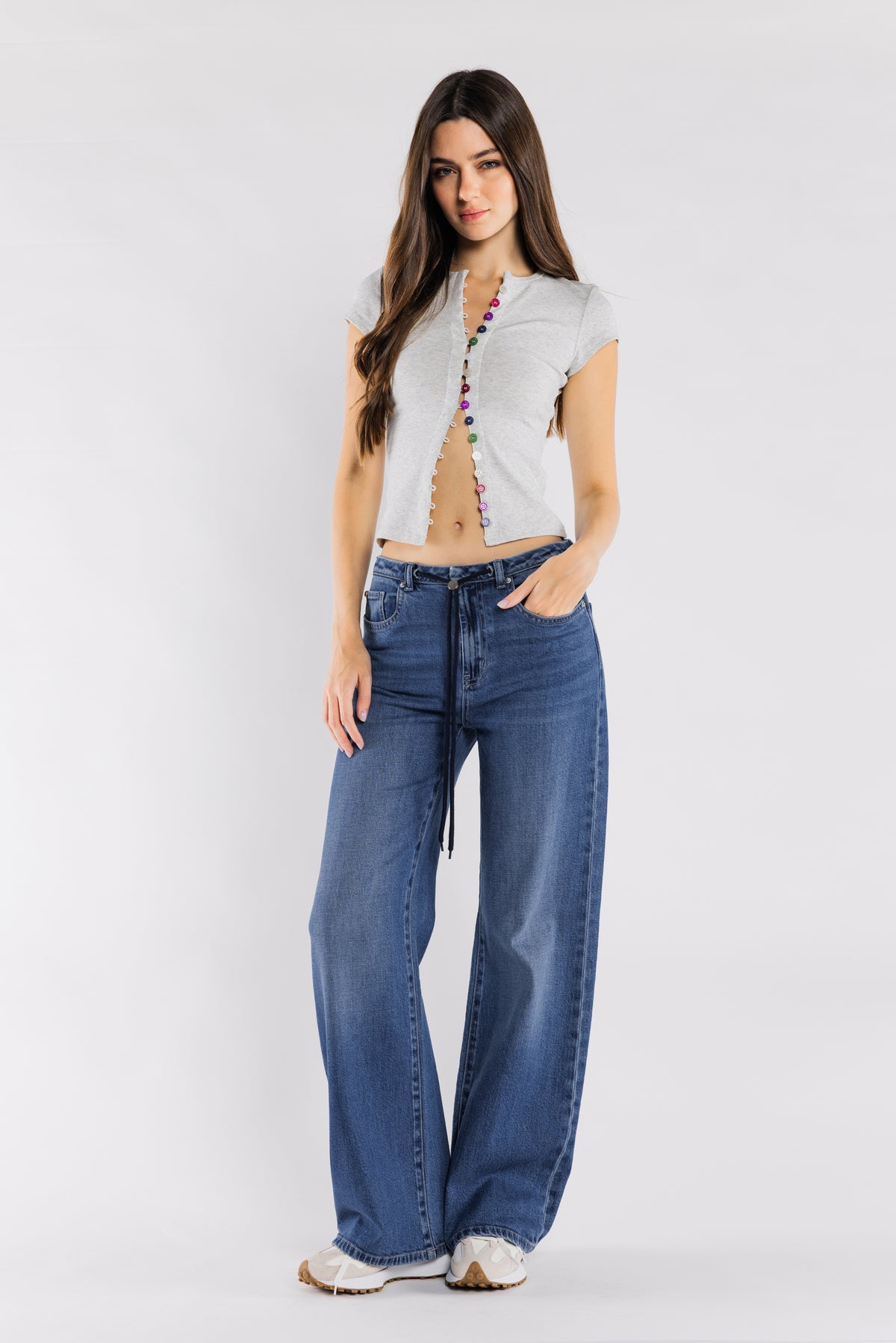 High Rise Relaxed Wide Leg Jeans With Waist Drawstring