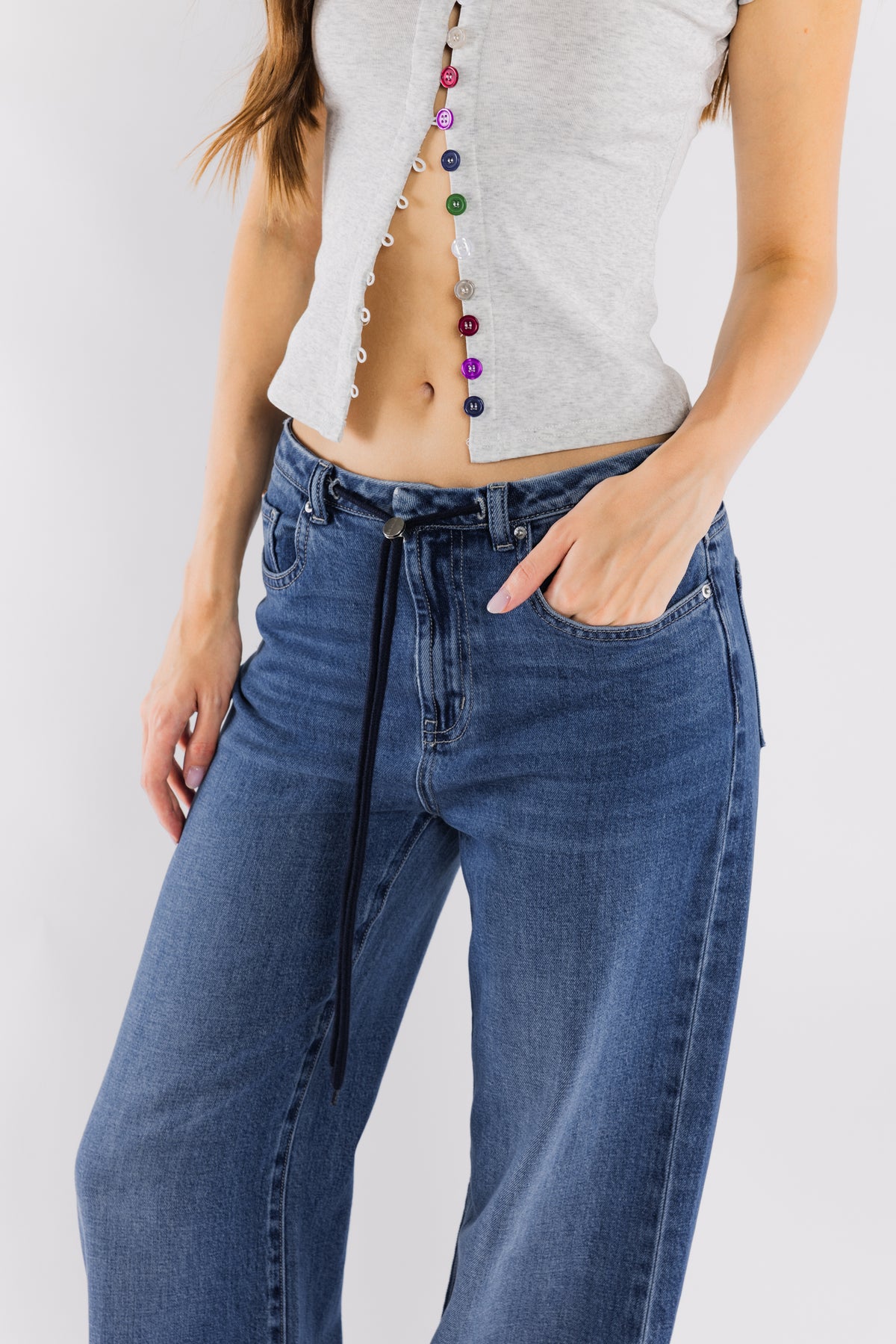 High Rise Relaxed Wide Leg Jeans With Waist Drawstring