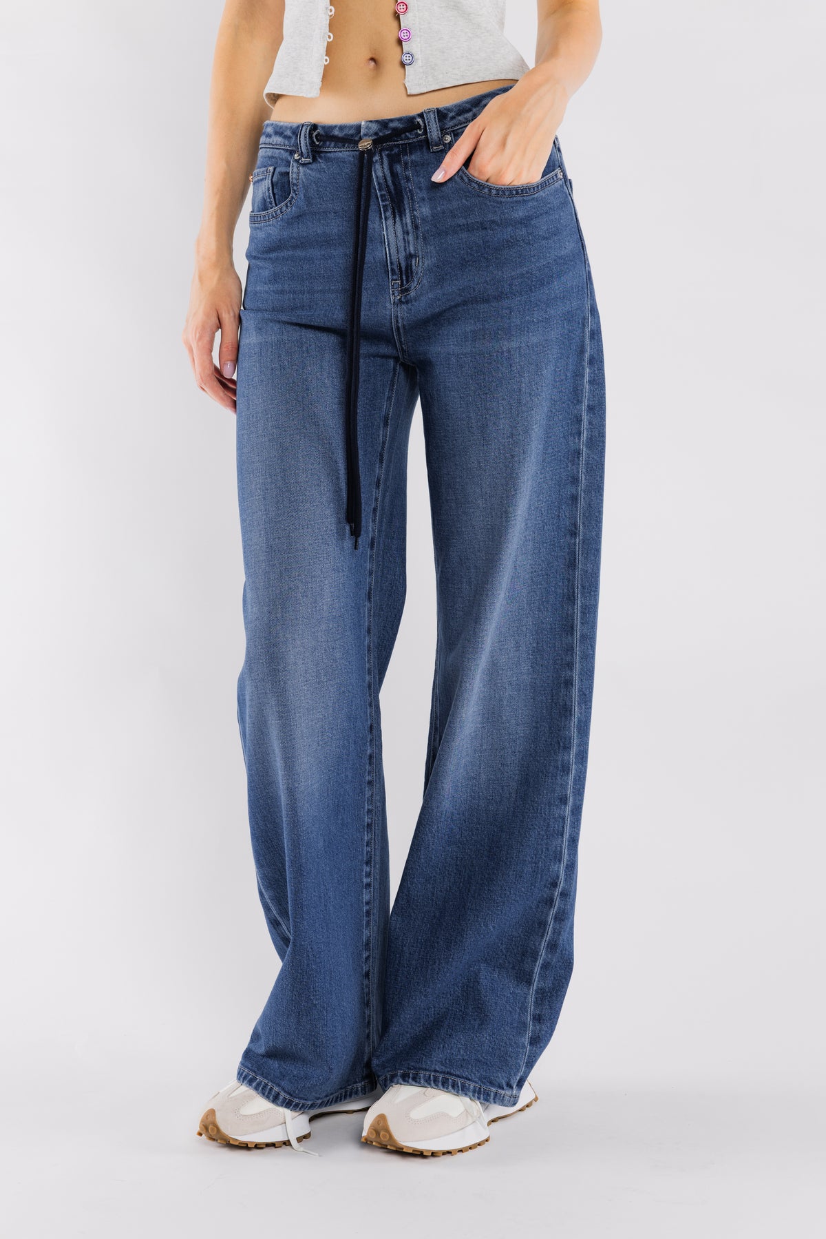 High Rise Relaxed Wide Leg Jeans With Waist Drawstring