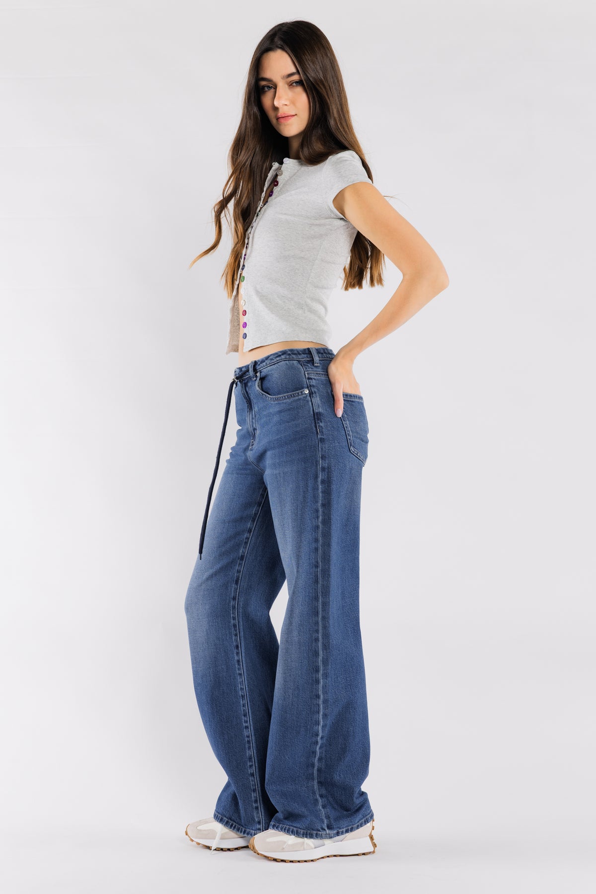 High Rise Relaxed Wide Leg Jeans With Waist Drawstring