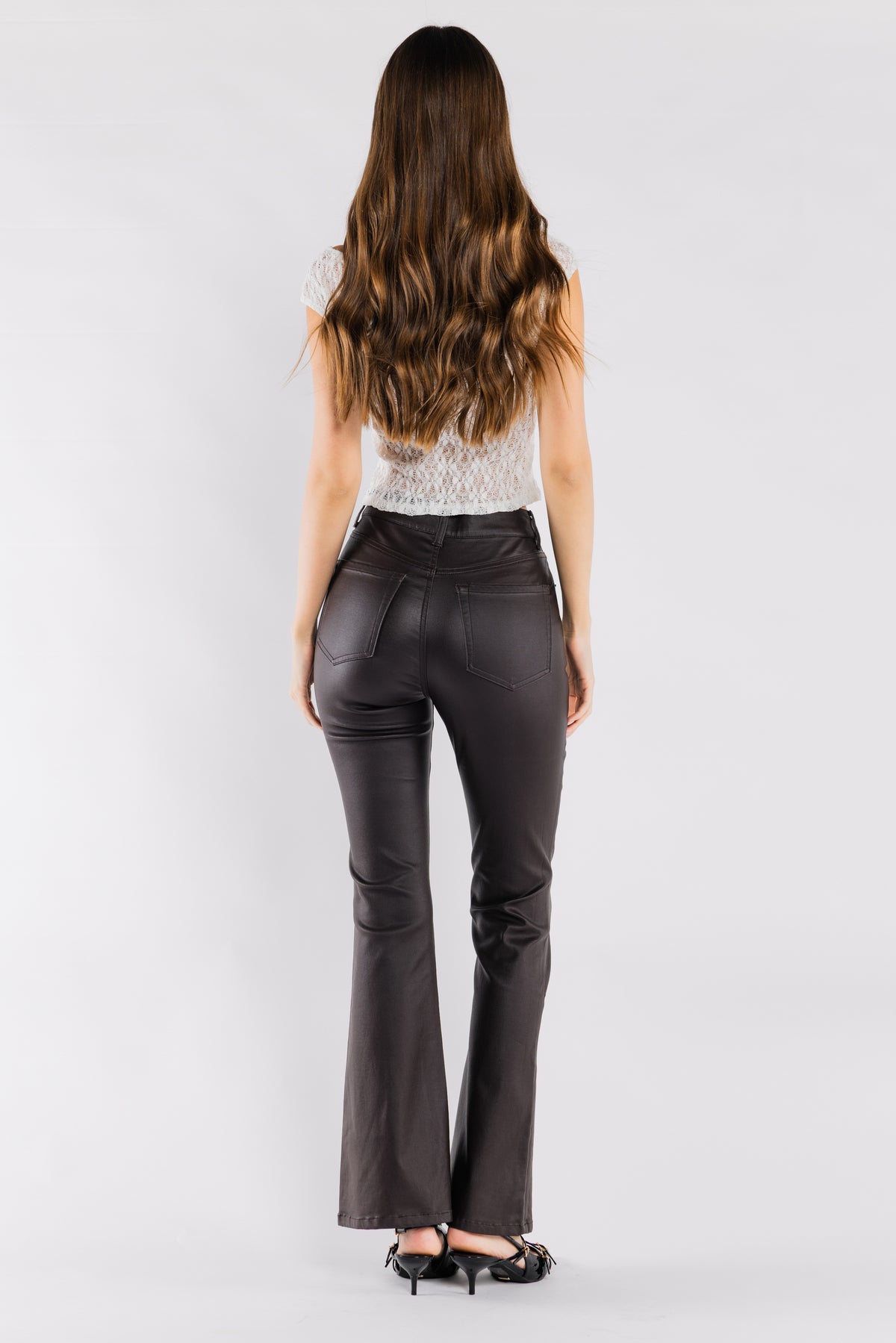 High Rise Coated Finish Flare Jeans
