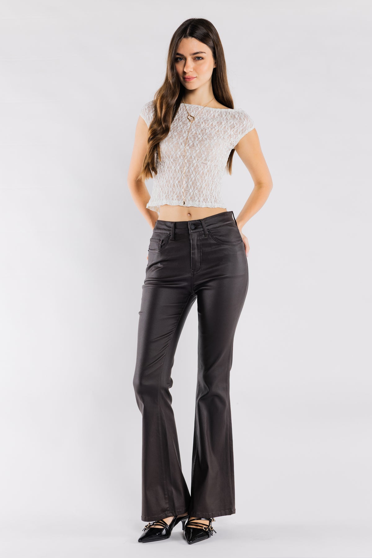 High Rise Coated Finish Flare Jeans