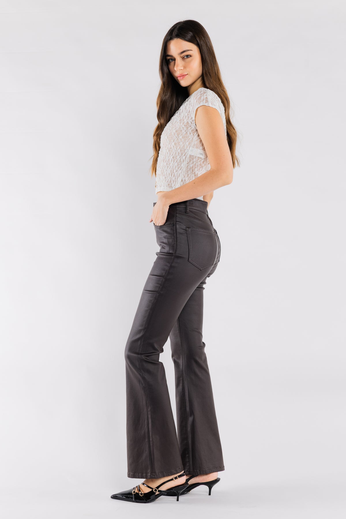 High Rise Coated Finish Flare Jeans
