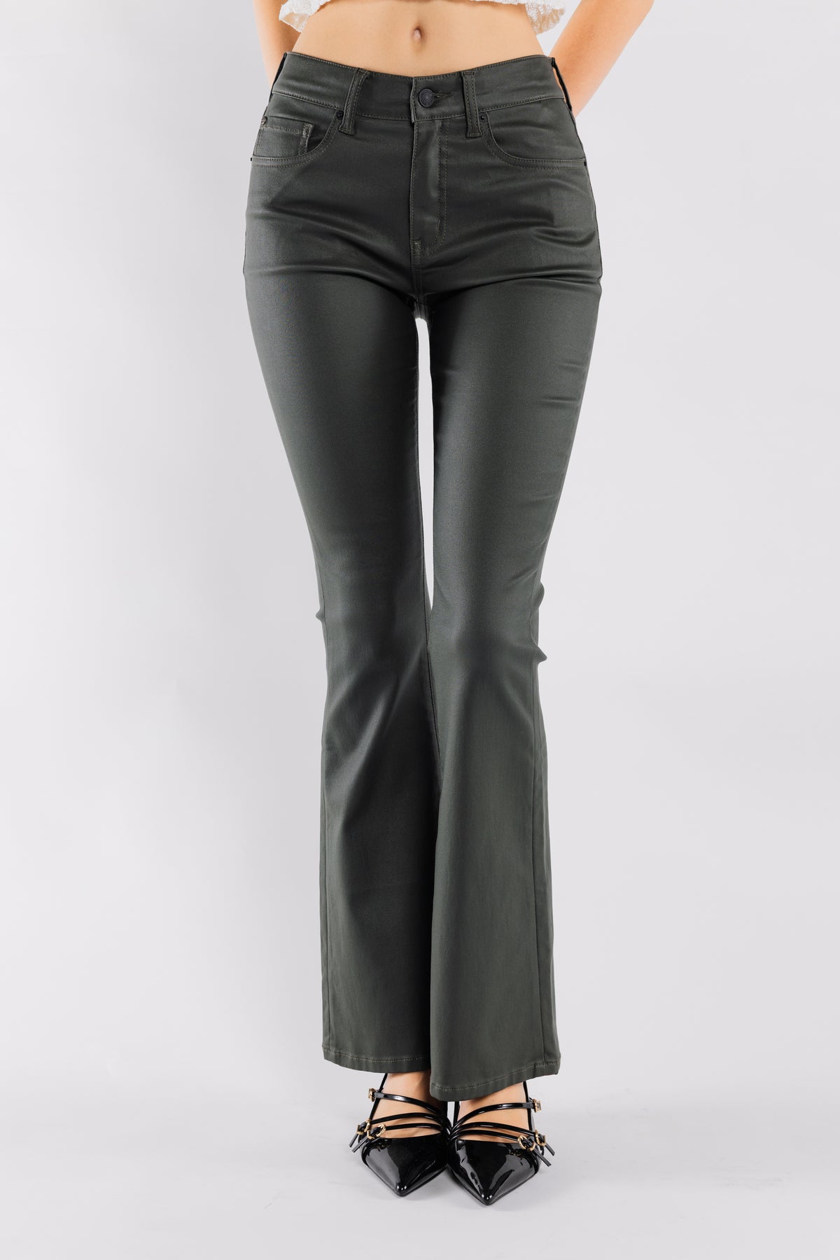 High Rise Coated Finish Flare Jeans