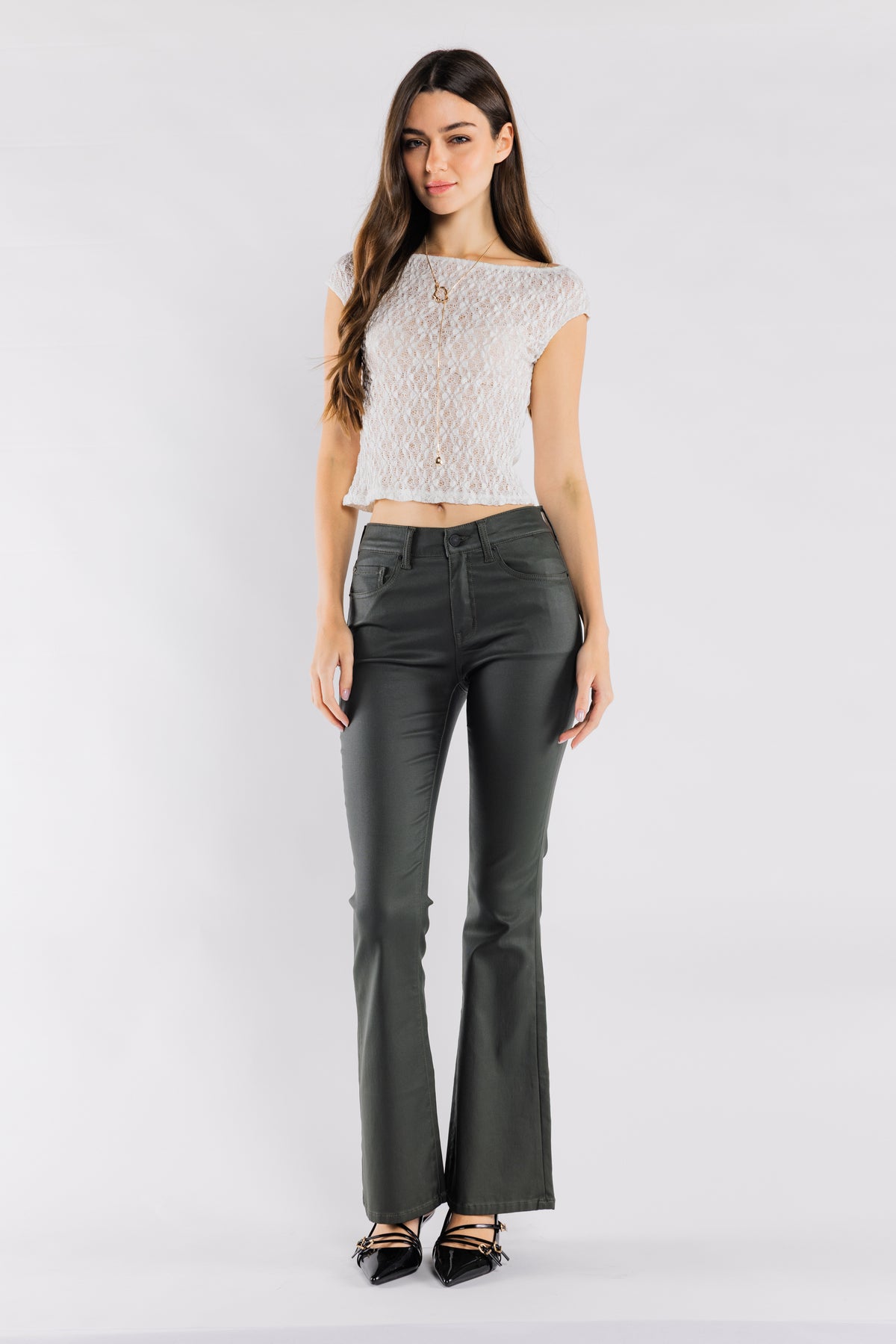 High Rise Coated Finish Flare Jeans