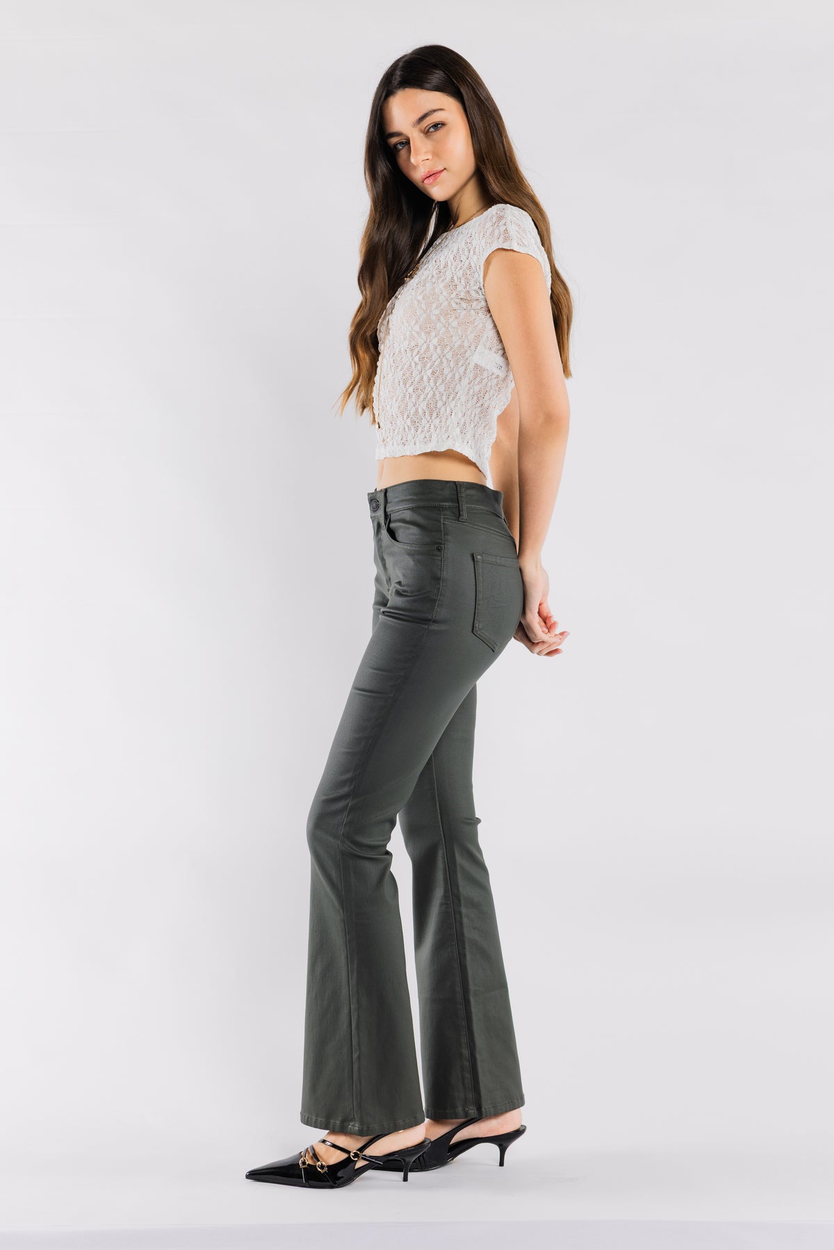 High Rise Coated Finish Flare Jeans